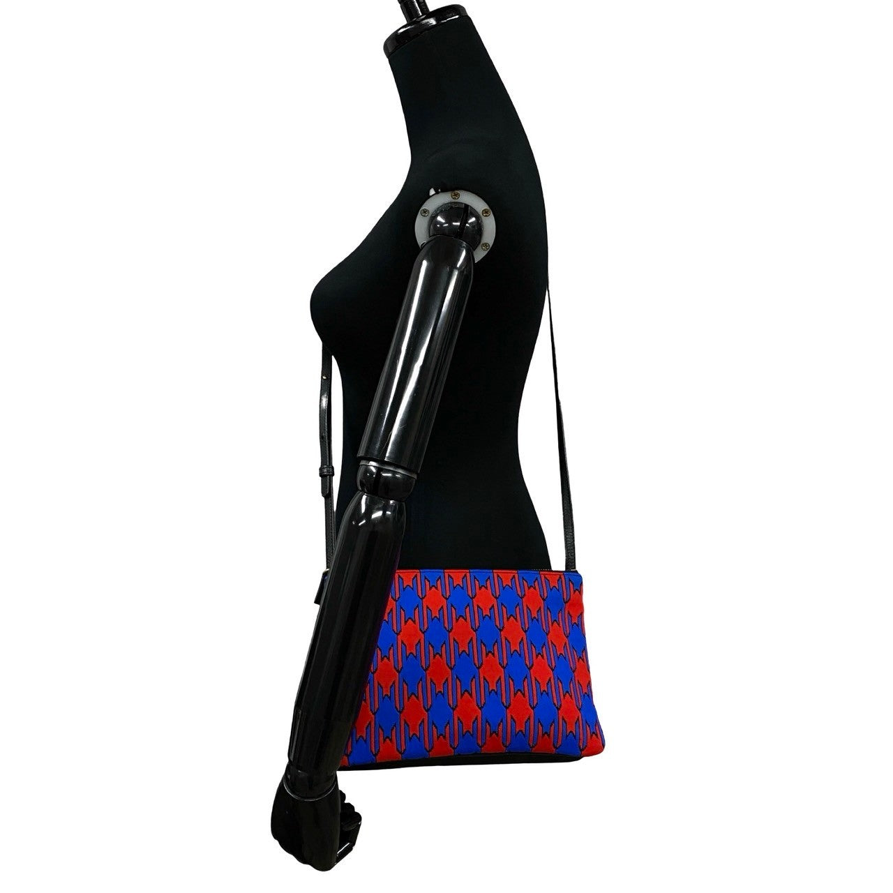 Shoulder Bag , Cotton Houndstooth Pattern Trio Leather Black