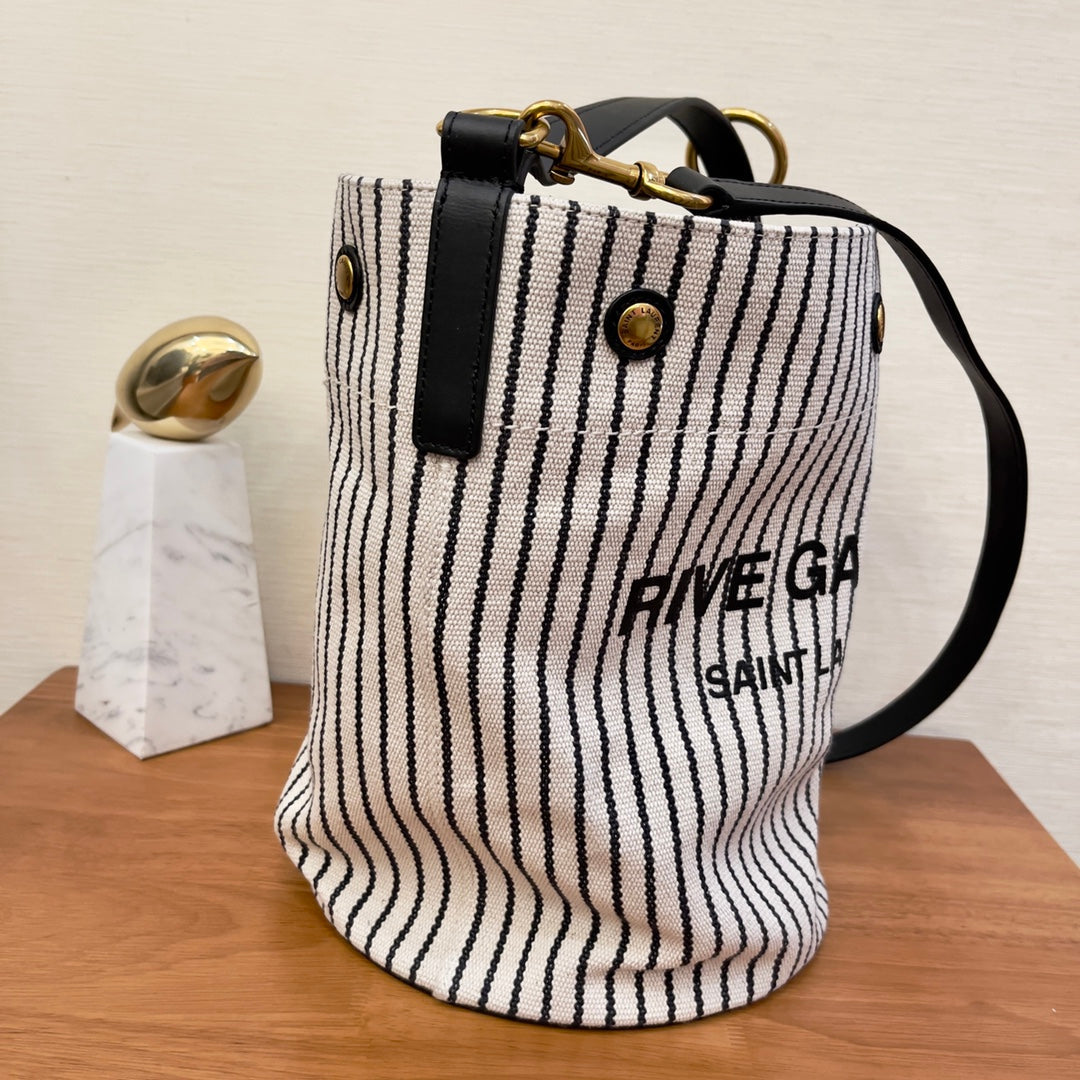 YSL Saint Laurent Rive Gauche Striped 11.8in 30cm Canvas Black White Bucket Bag