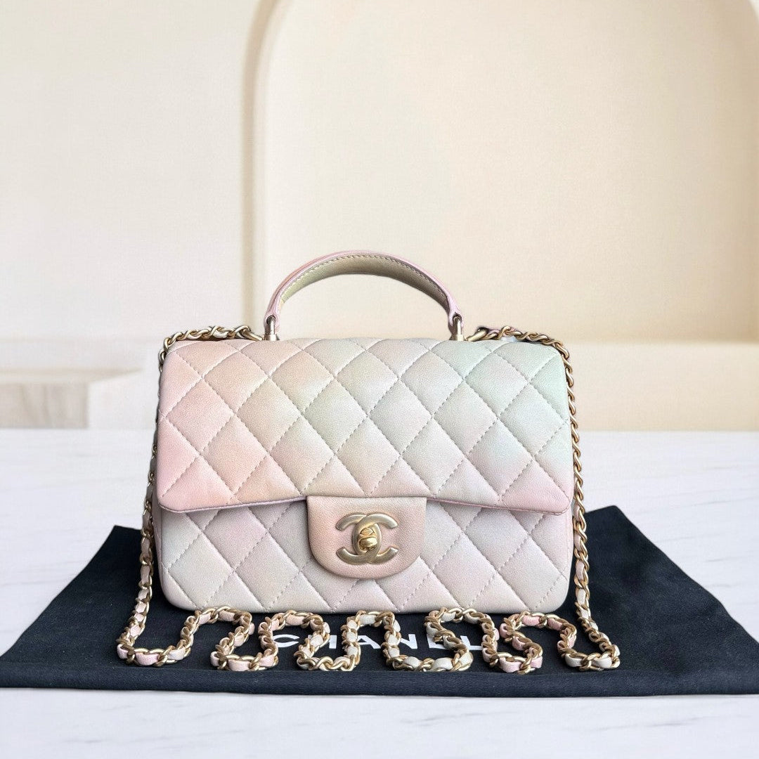 Chanel Classic Flap Top Handle - Lambskin Ombre Quilted Gold Mini Bag Mini 6