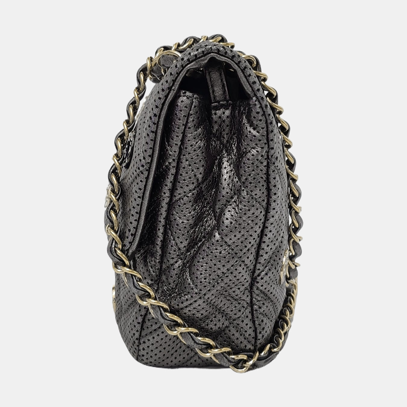 Chanel Paris-Dubai Jumbo Perforated Lambskin Buttons Hardware Gold Grey Leather Handbag