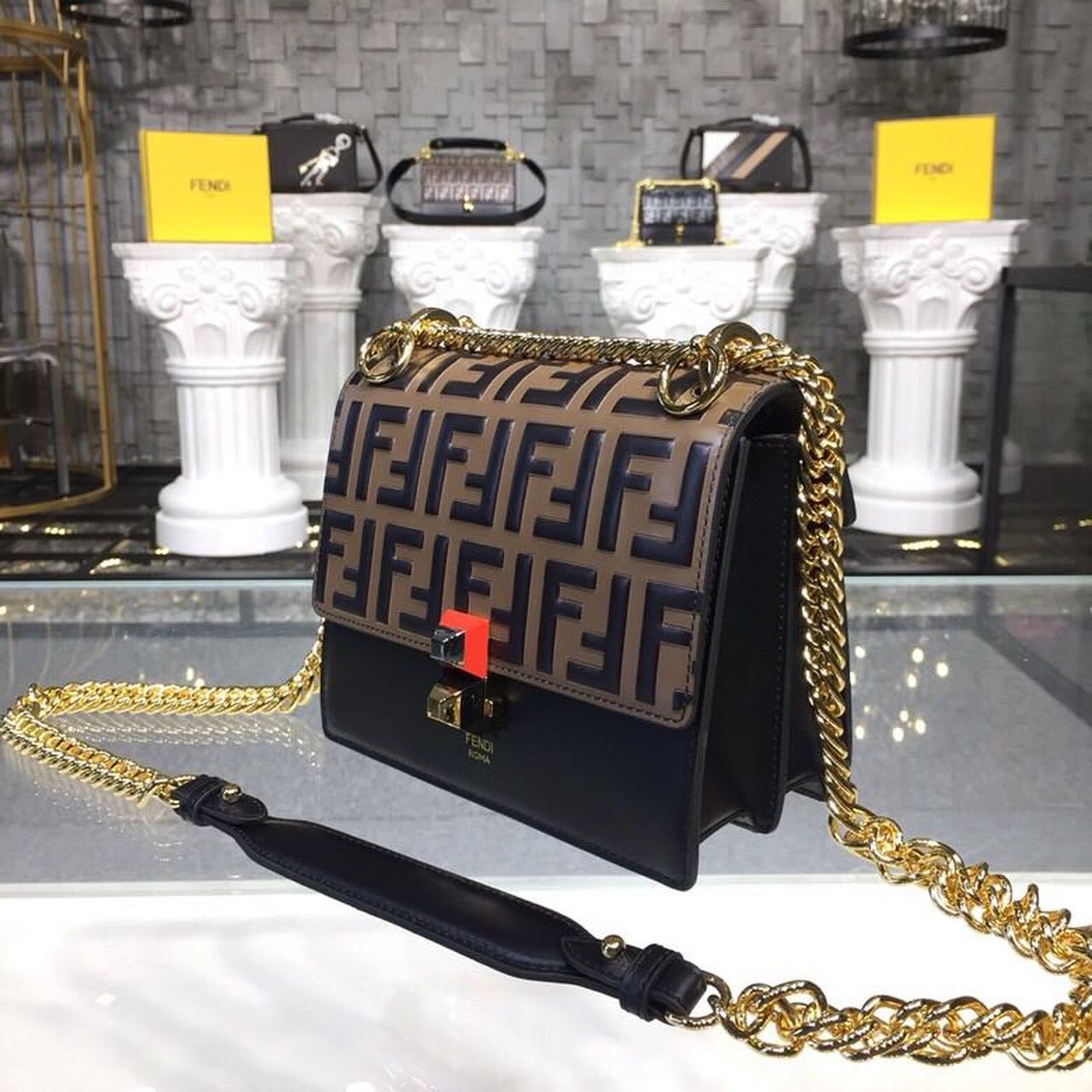 Fendi Top QualityTop Quality FF Logo Black Brown Gold Chain Handbag