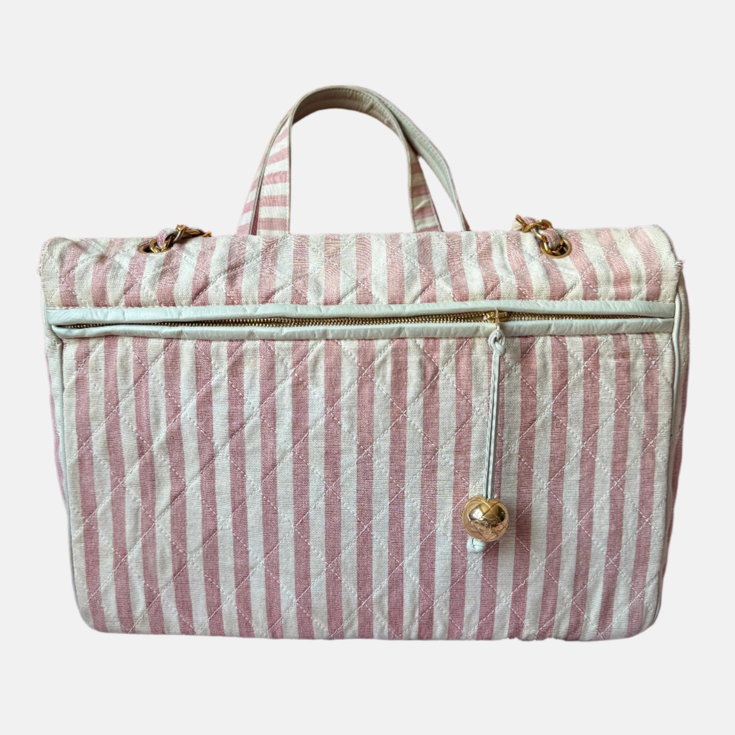 Chanel XXL Maxi Striped Flap Hardware Pink Gold Canvas Travel Bag