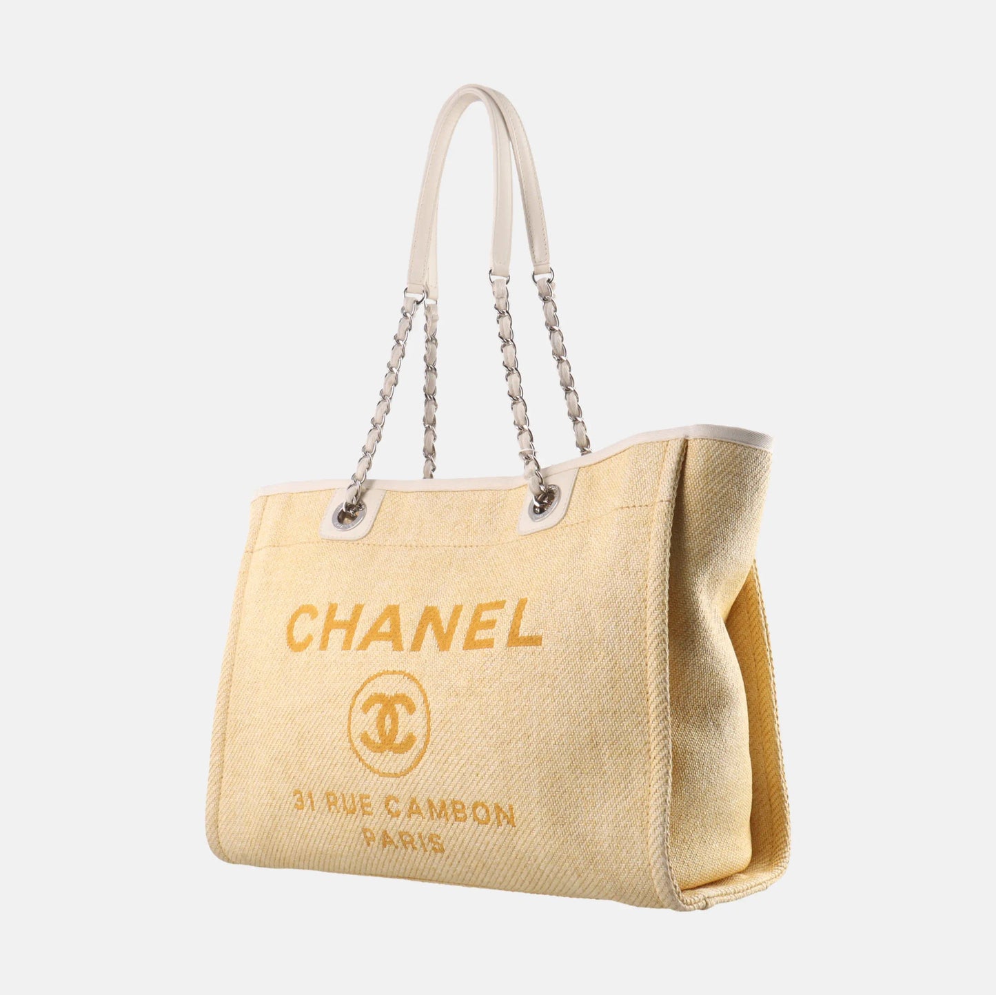 Chanel Deauville Yellow Denim Trim Small Leather Tote Bag