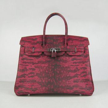 Hermes Luxury Birkin Cm Lizard Pattern Handbag Red Silver Travel Bag