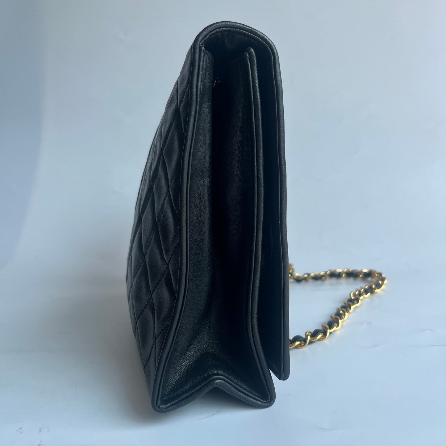 Chanel Flapbag Logo Closure Lambskin Black Gold Leather Handbag
