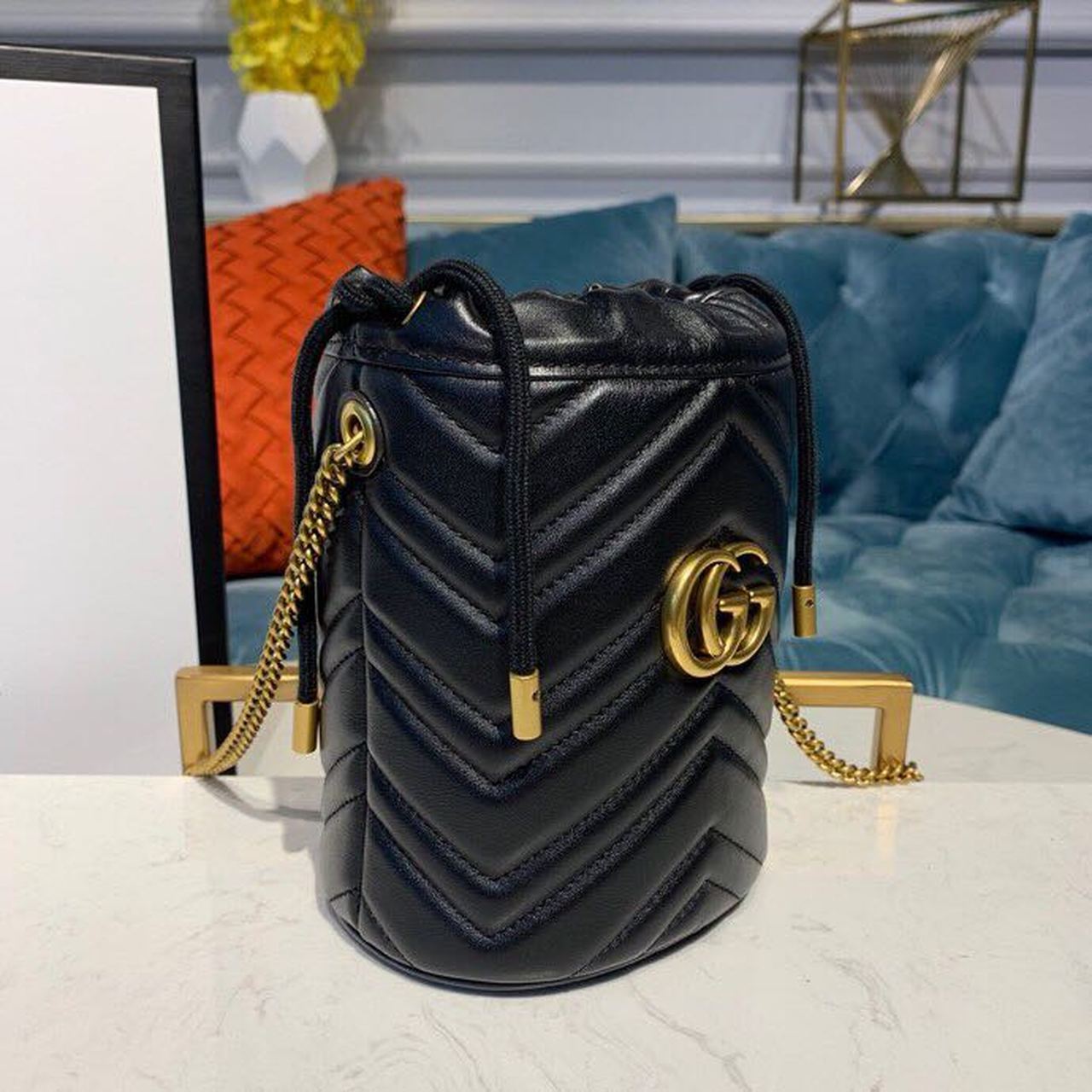 gg Marmont Matelassé Chevron 6in Black Mini Bucket Bag