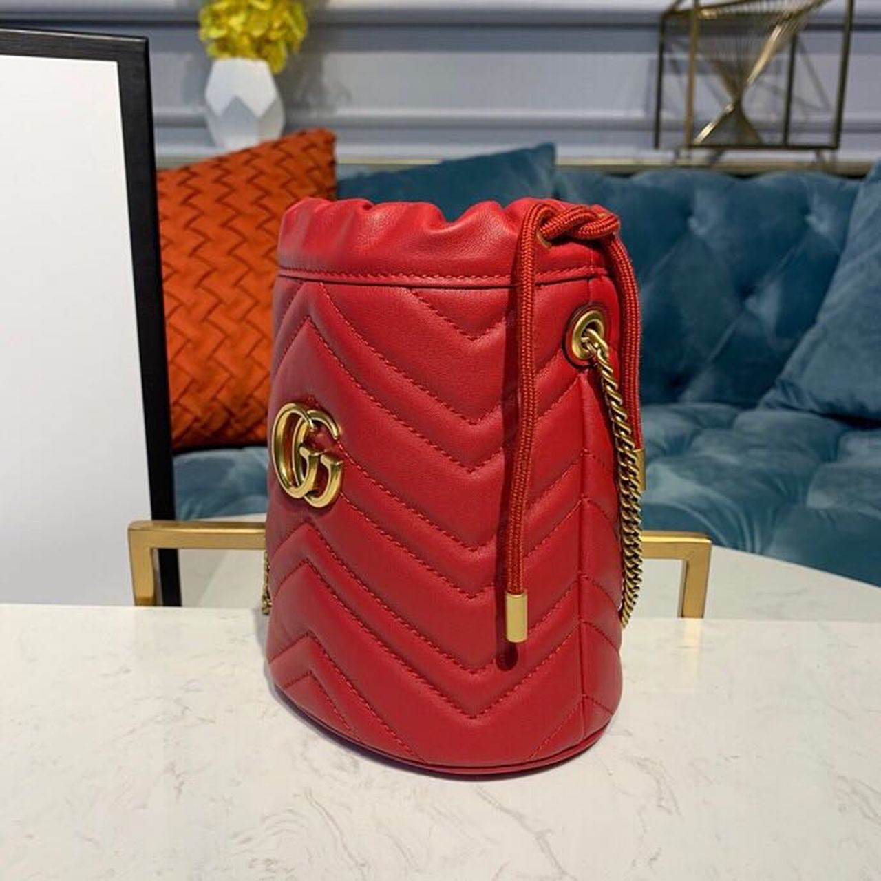 gg Marmont Hibiscus Matelassé Chevron Red Mini Bucket Bag