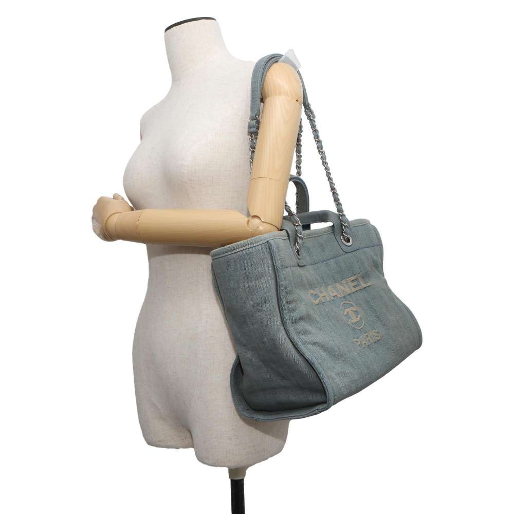 CHANEL Deauville Chain Tote Light Blue AS3257 Denim Size Small