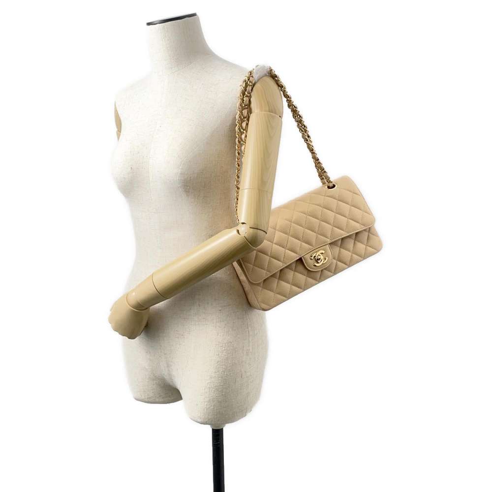 CHANEL Matelasse W Flap ChainShoulder Bag Beige A01112 Caviar Leather Size 25