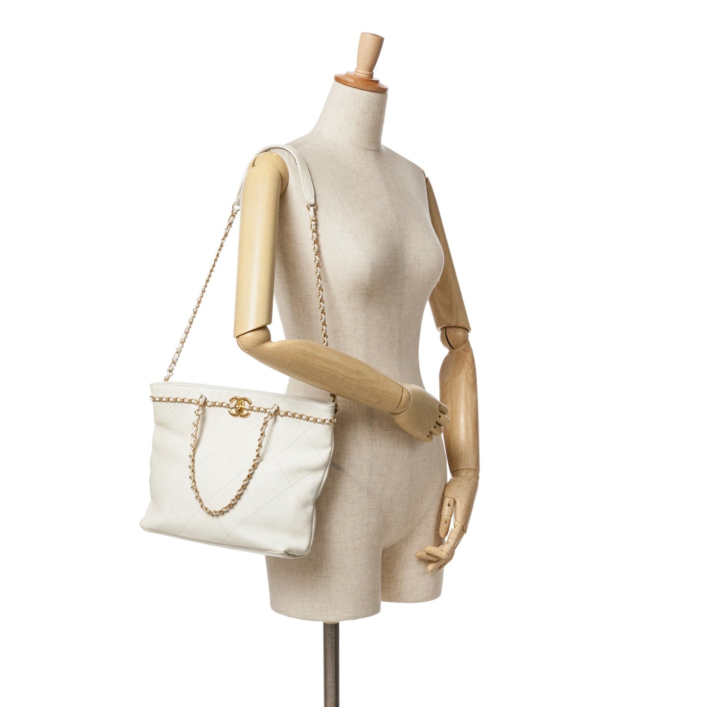 White Chanel Quilted Calfskin CC Lock Chain Shopping Tote Satchel