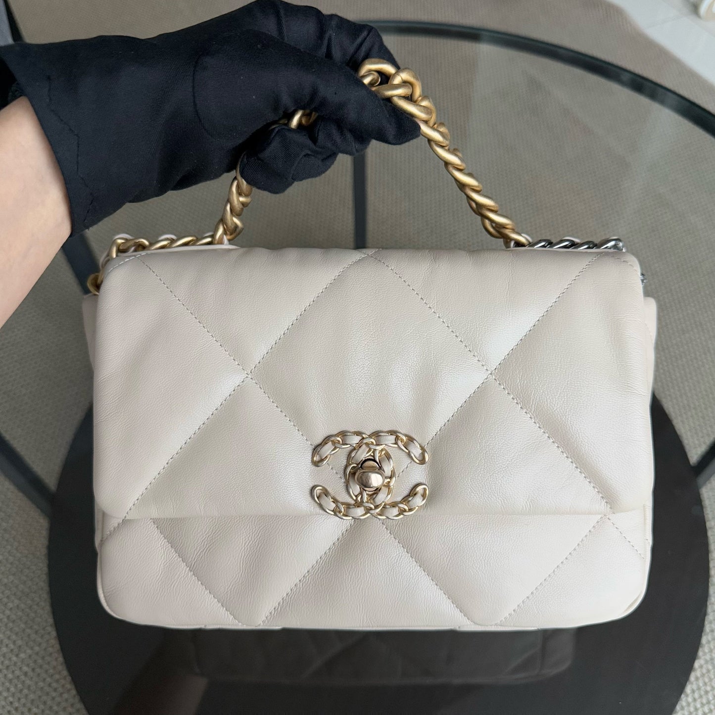 Chanel 19 Bag Small- Goatskin Light Two-tone Hardware Quilted Beige Handbag