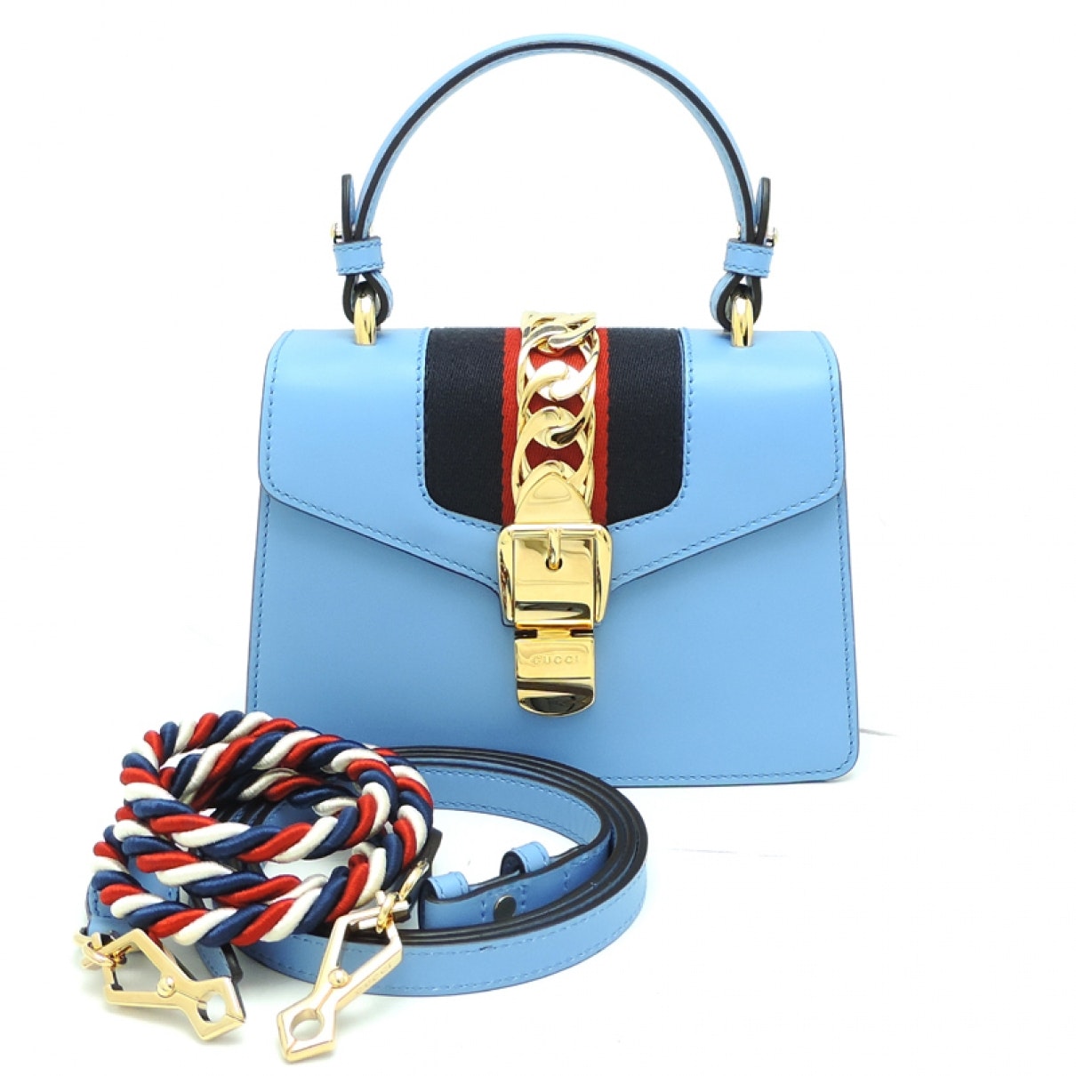 Gucci sylvie blue leather handbag