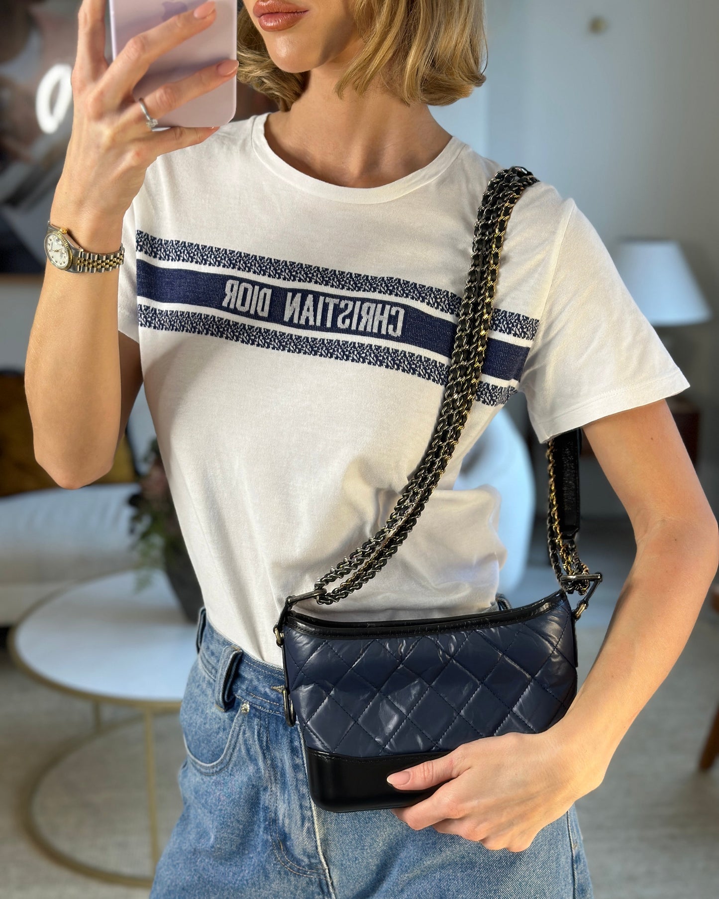 Chanel *fire Price* Blue & Black Small Gabrielle Bag in Lambskin Leather with Mixed Hardware