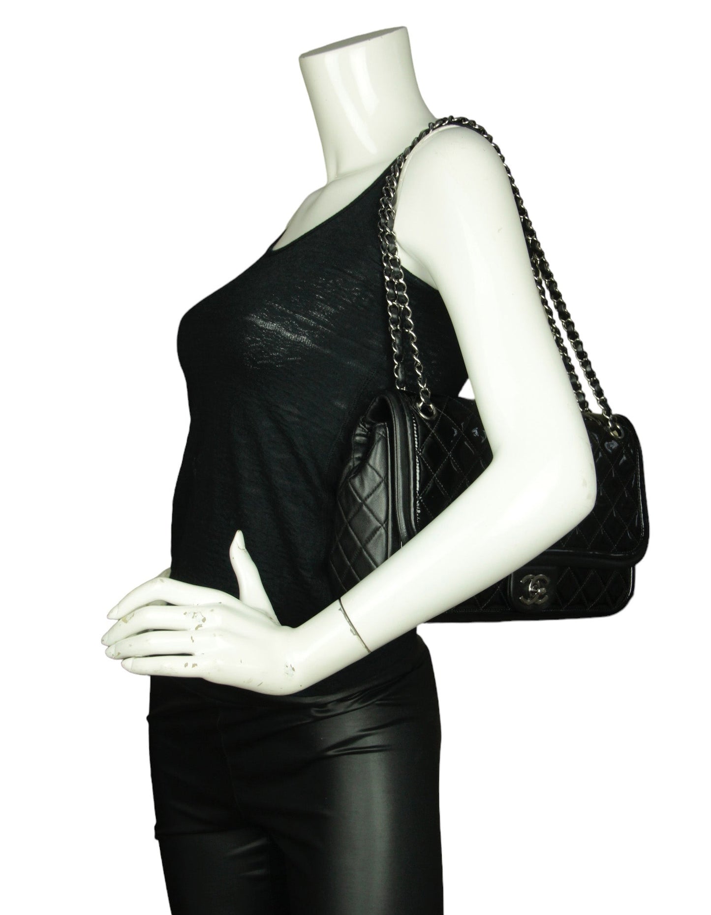 Chanel Black Classic Twist Patent Flap W/ Lambskin Trim Women Shoes