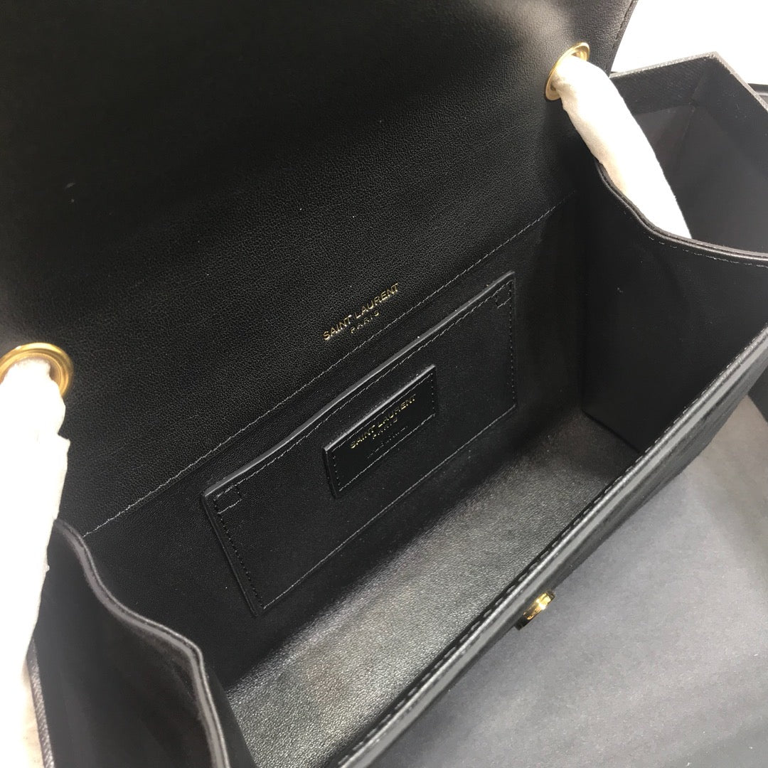YSL Saint Laurent Kate 7.8in 20cm Grain De Poudre Black Small Chain Handbag