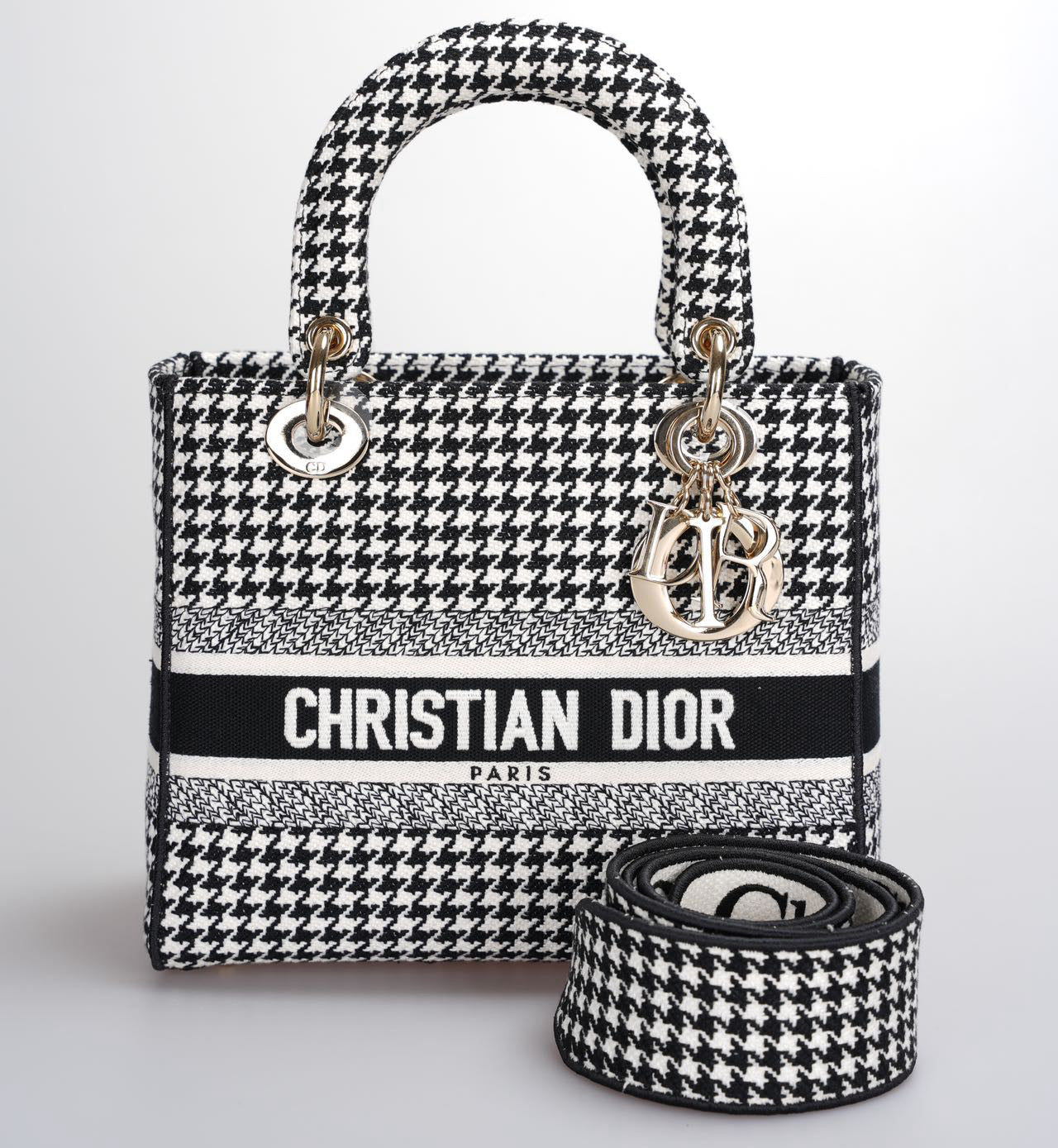 Dior Handbag Christian Houndstooth Lady D-Lite bag Canvas Black White