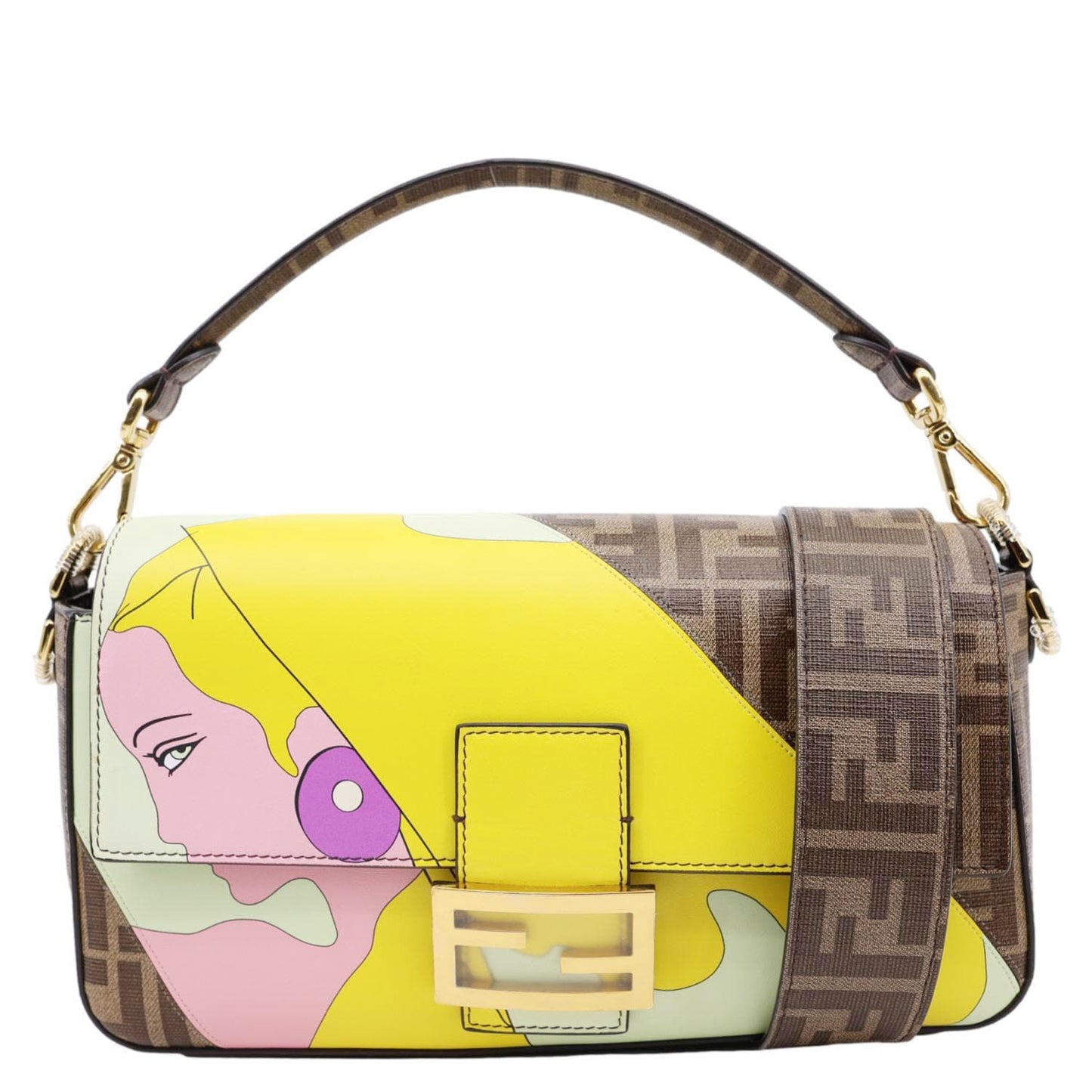 Fendi Shoulder Bag FF Hairdo Girls Inlay Glazed Fabric Brown Yellow
