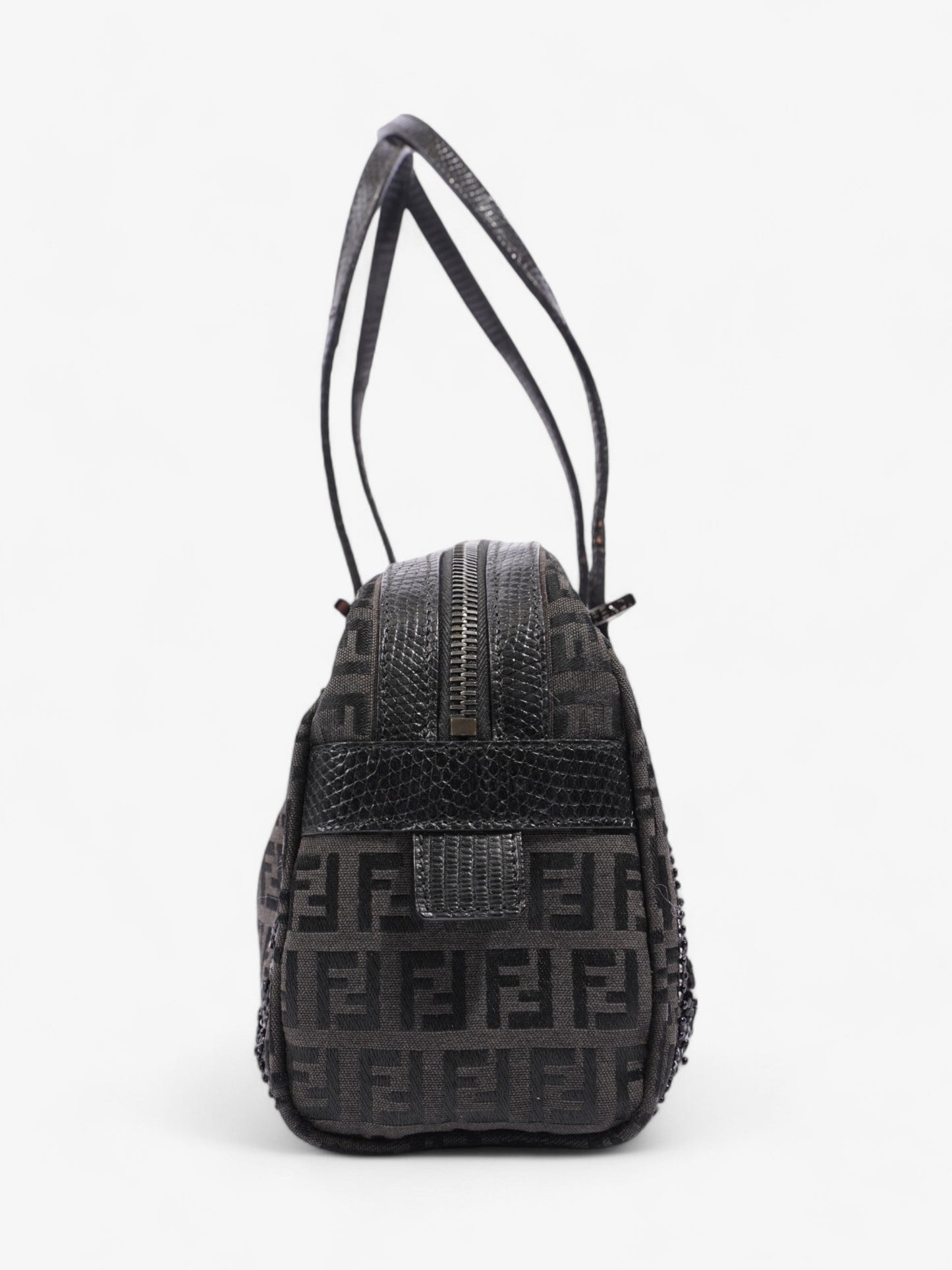 Fendi Embellished Bowler Bag Zucca Canvas Black Shoulder Bag