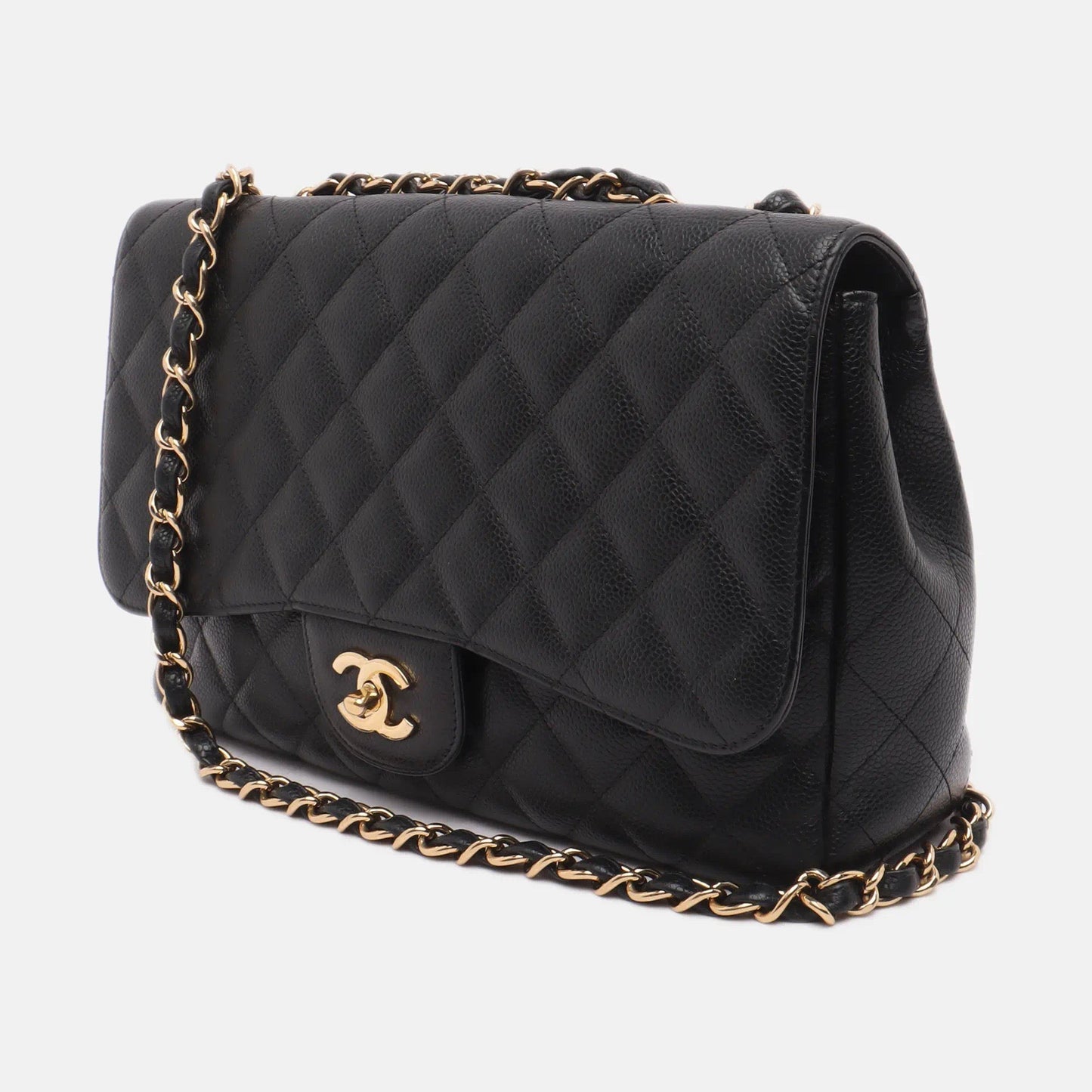 Chanel Classic Flap Jumbo Caviar Single Flap Black Gold Leather Handbag