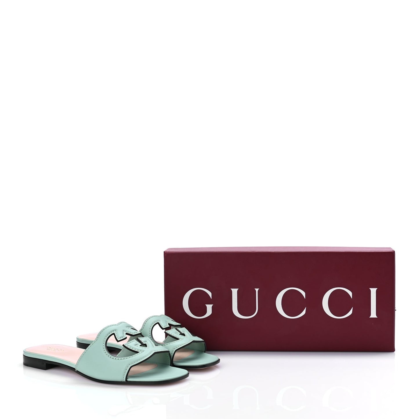 Gucci Cosmos Softy Calfskin Interlocking G Cut Out Slide Sandals 36.5 Light Pastel Green