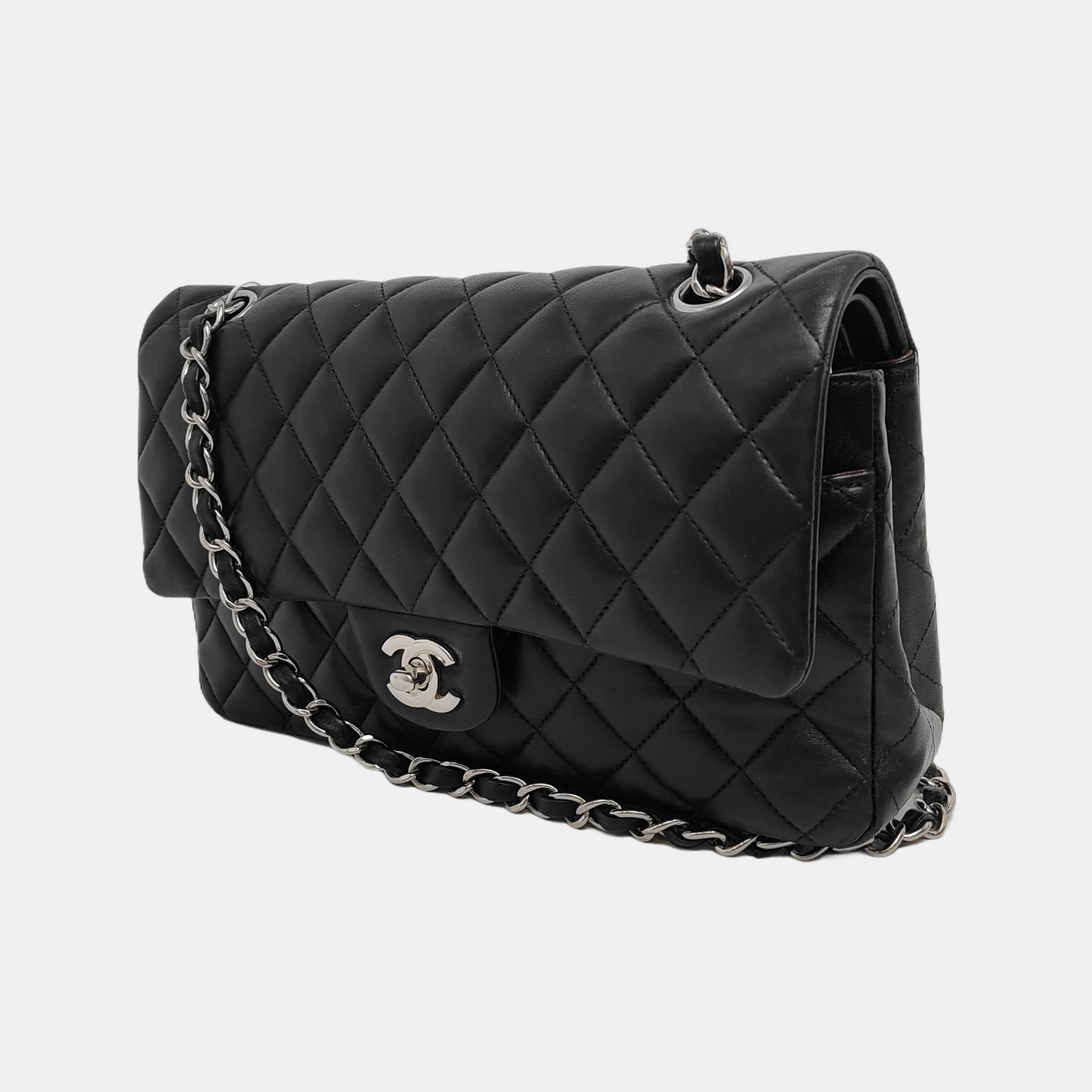 Chanel Timeless Classic Flap Lambskin Hardware Black Silver Leather Handbag 3