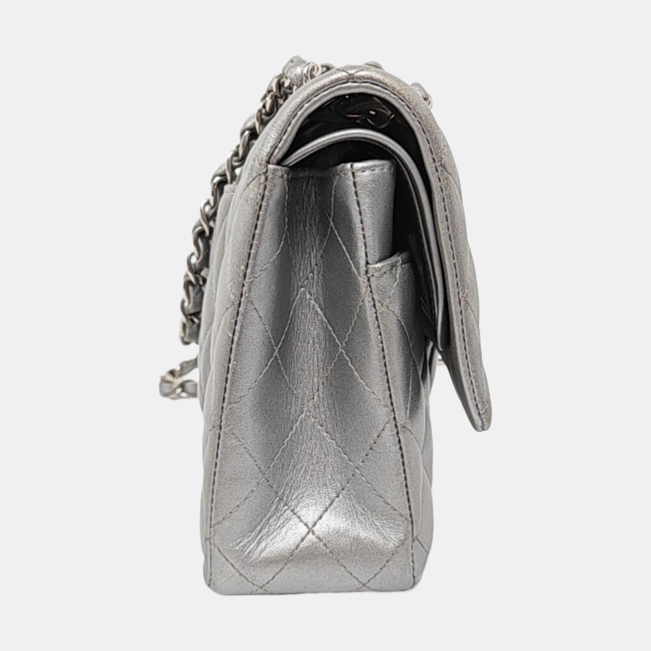 Chanel Classic Flap Lambskin Hardware Silver Grey Leather Handbag