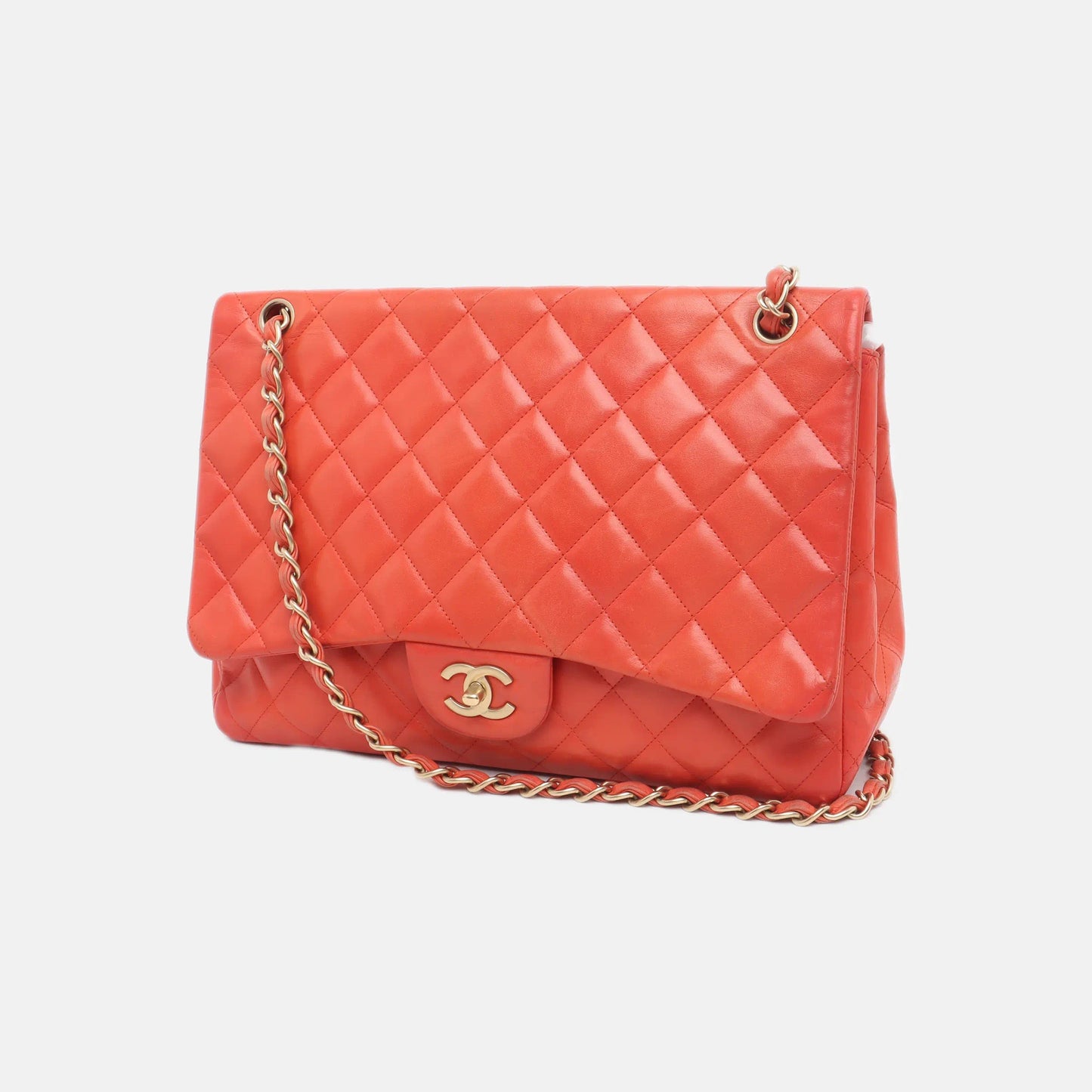 Chanel Classic Flap Maxi Lambskin -tone Hardware Red Gold Leather Handbag