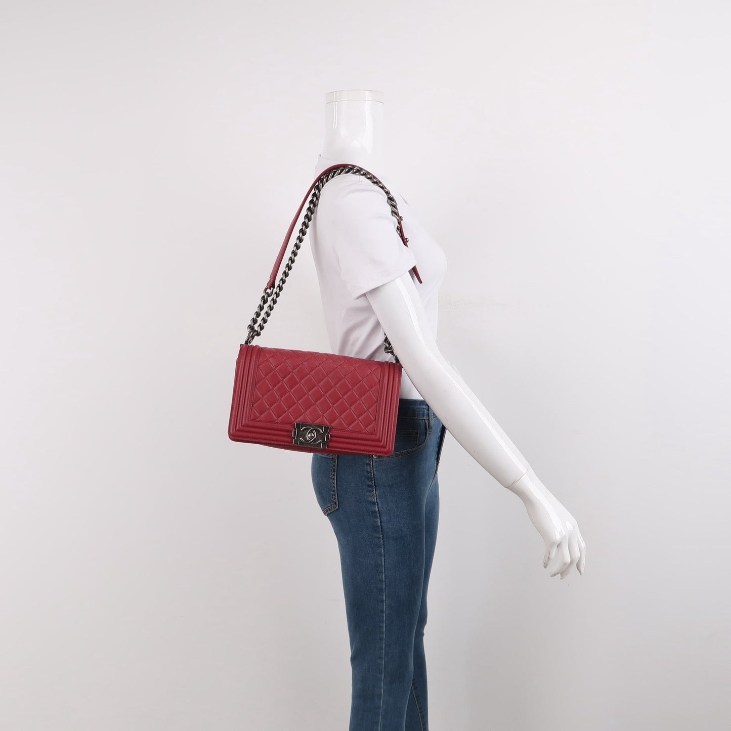 Chanel Le Boy Burgundy Lambskin Antiqued Hardware Silver Leather Handbag