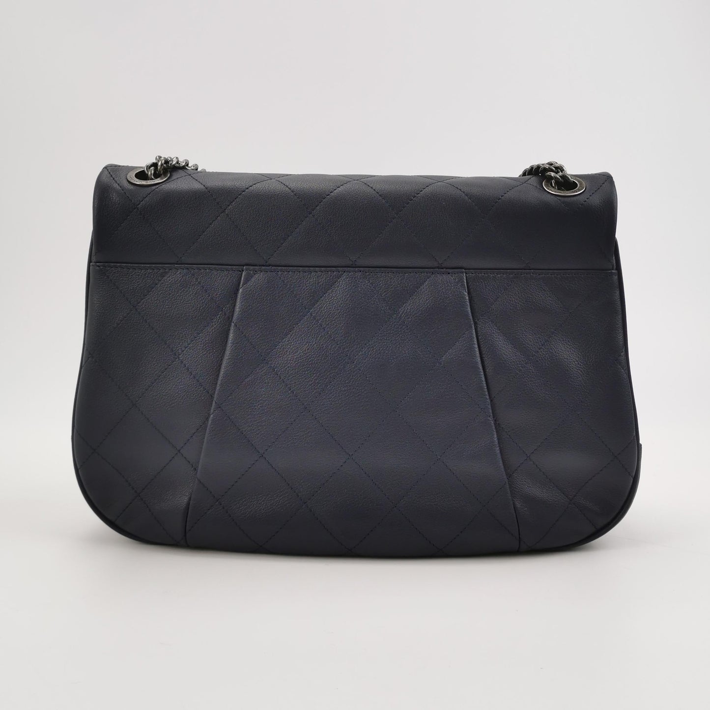 Chanel Single Flap Navy Calfskin Cannage Stitch Silver Leather Handbag