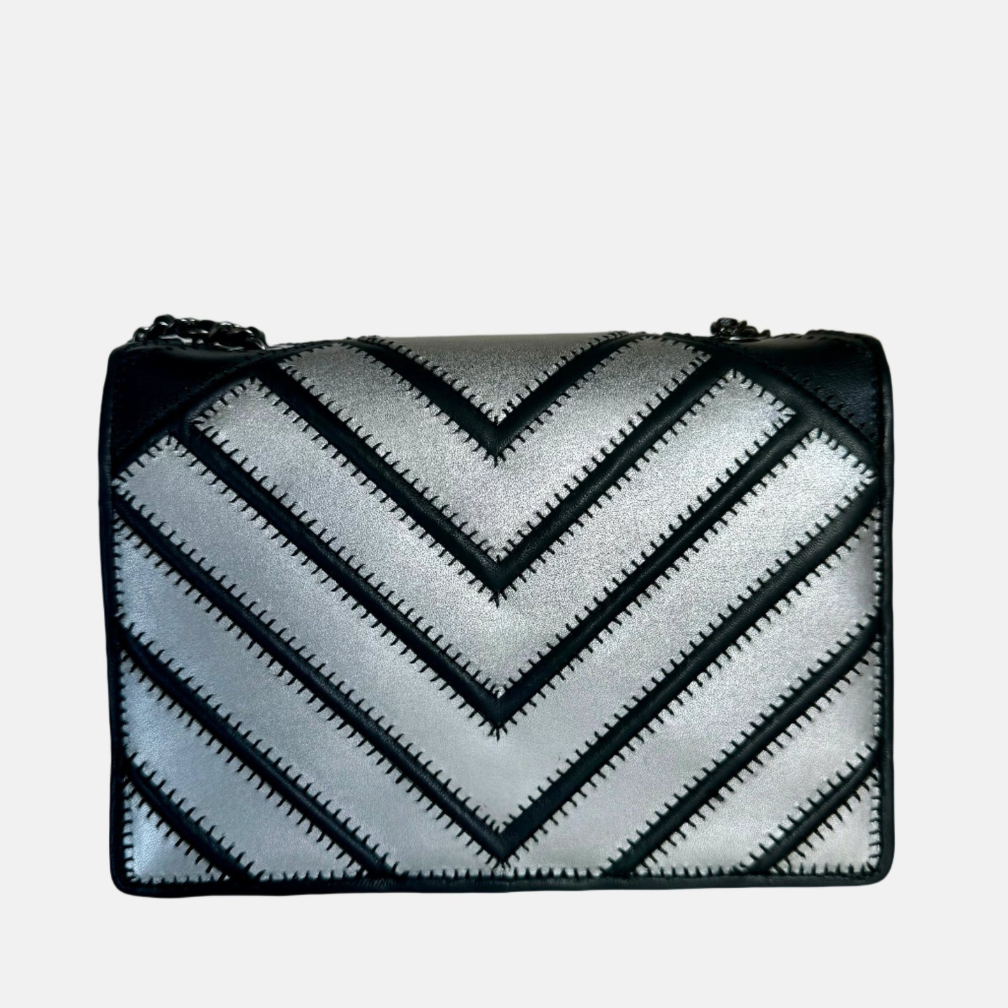 Chanel Lambskin Chevron Quilted Couture Flap Black White Silver Small Handbag