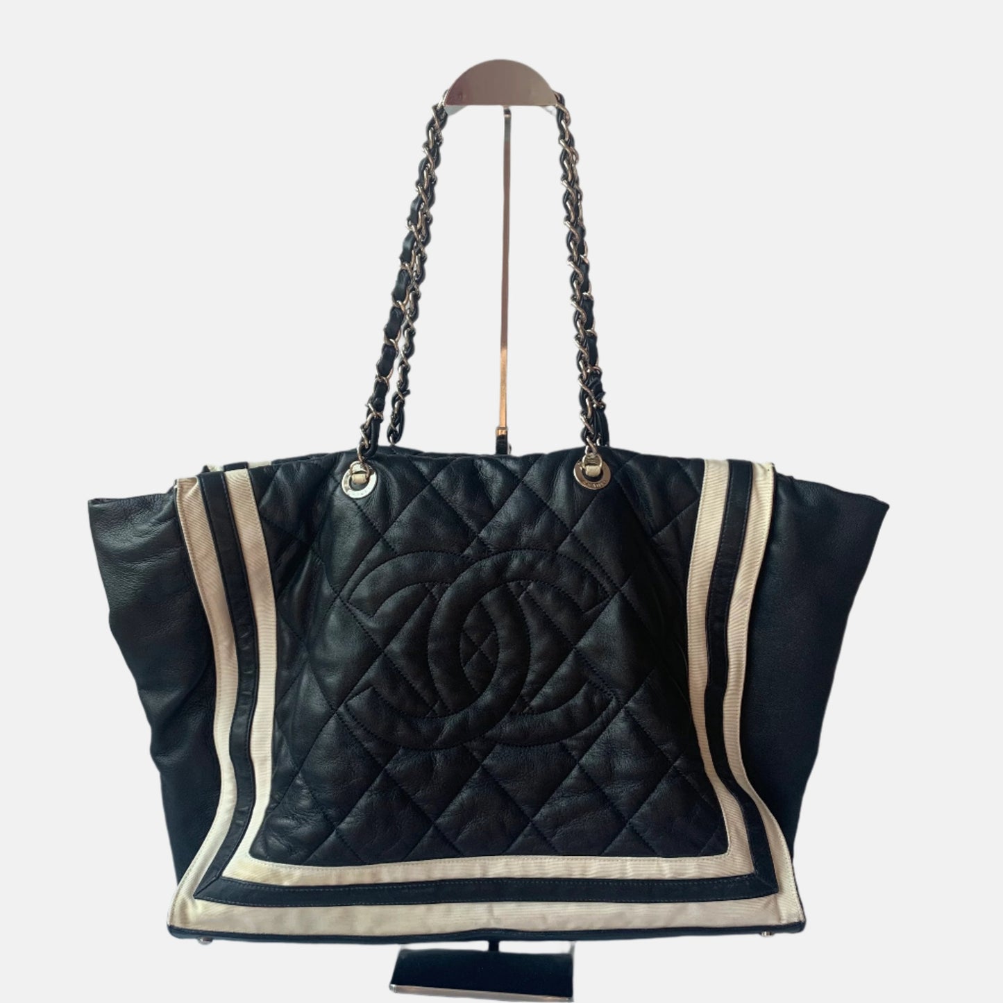 Chanel CC Shopping Cannage Lambskin Navy Stripes White Leather Tote Bag