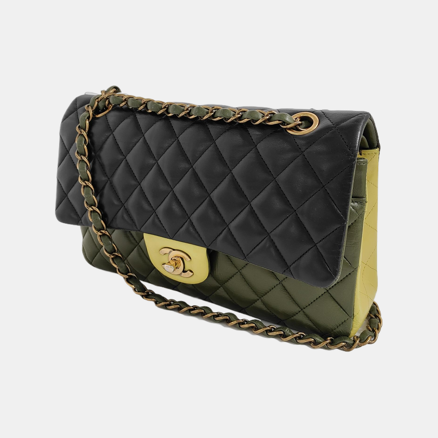 Chanel Timeless Classic Flap Tricolor Lambskin -tone Black Green Gold Leather Handbag