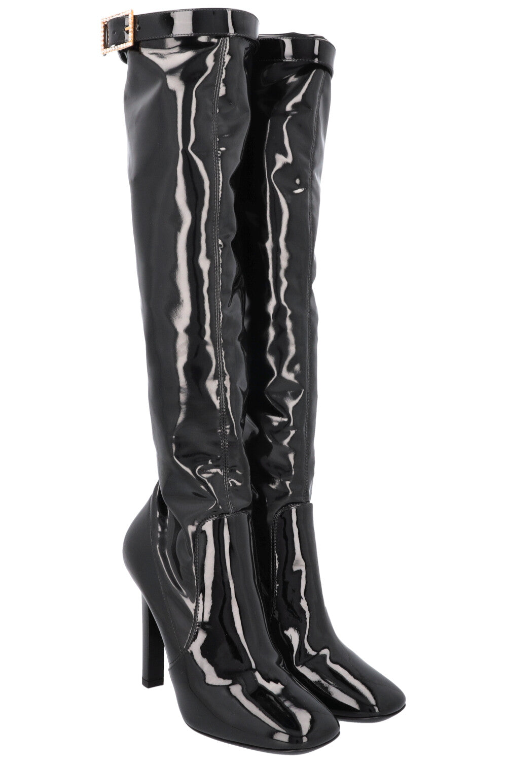 YSL Saint Laurent Lala 105 Stretch Boots Patent Black Shoes