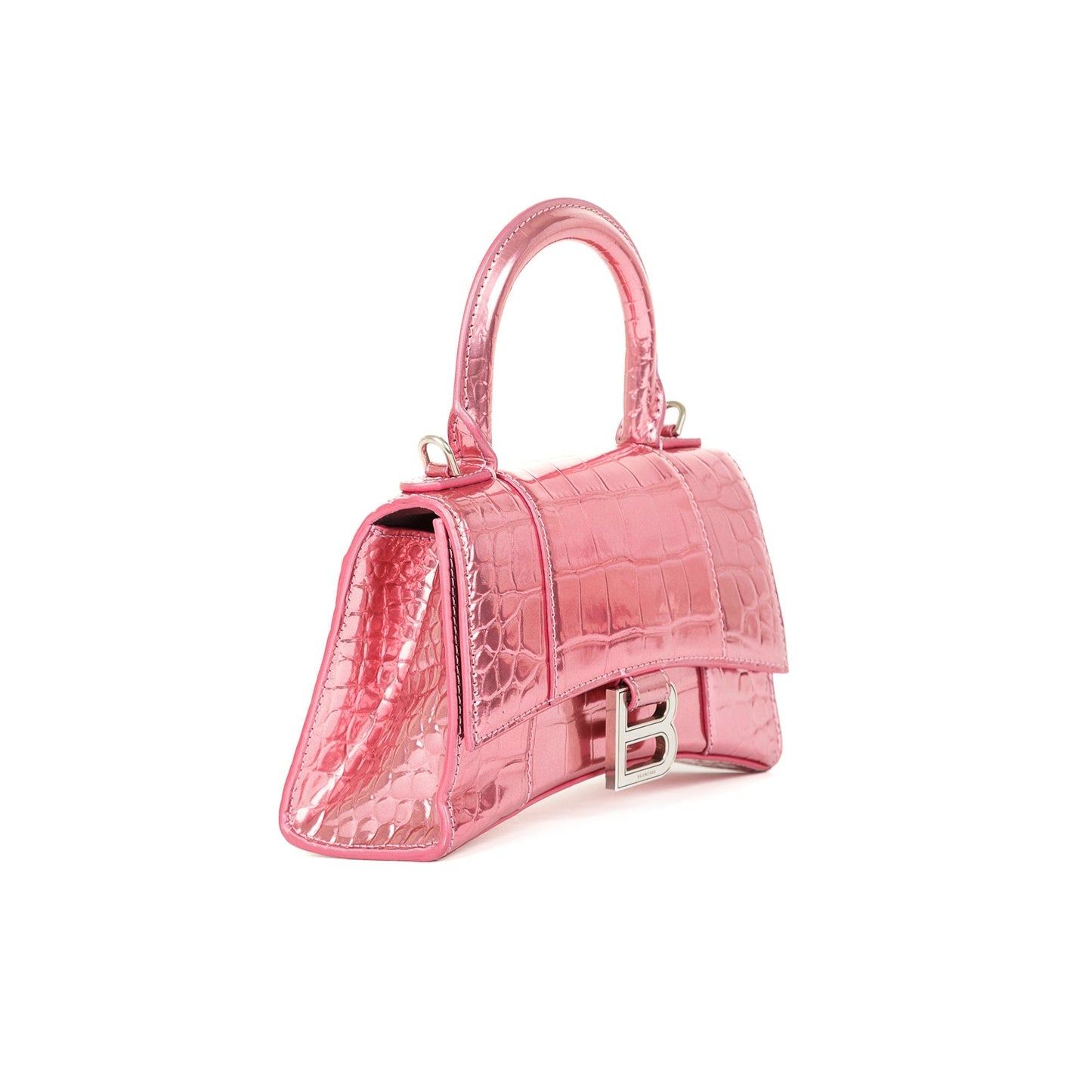 Balenciaga Metallic Croc Embossed Hourglass Xs Top Handle Pink Travel Bag