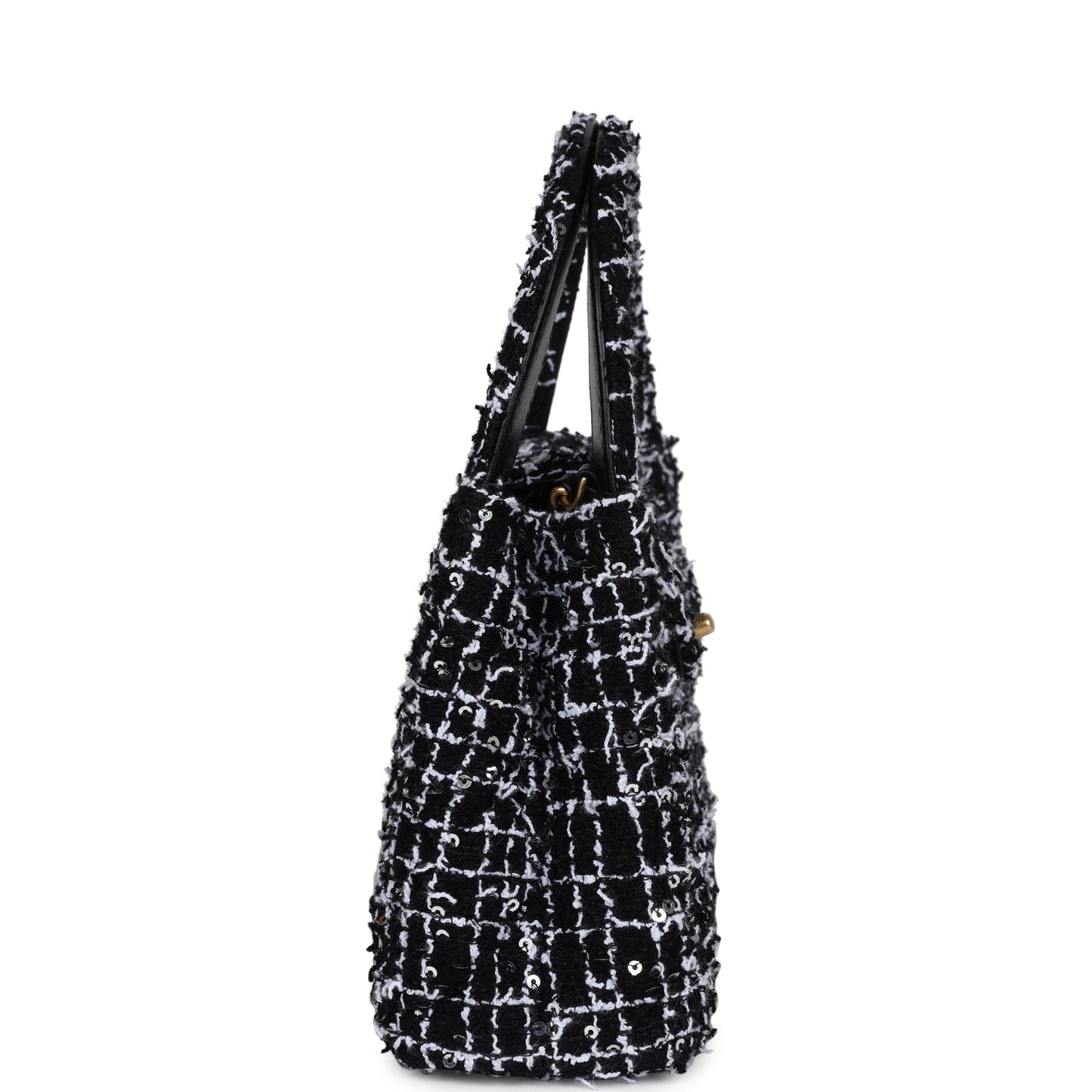 Chanel Small Kelly Shopper Black,white & Silver Sequin Tweed Brushed Gold Hardware Women Shoes
