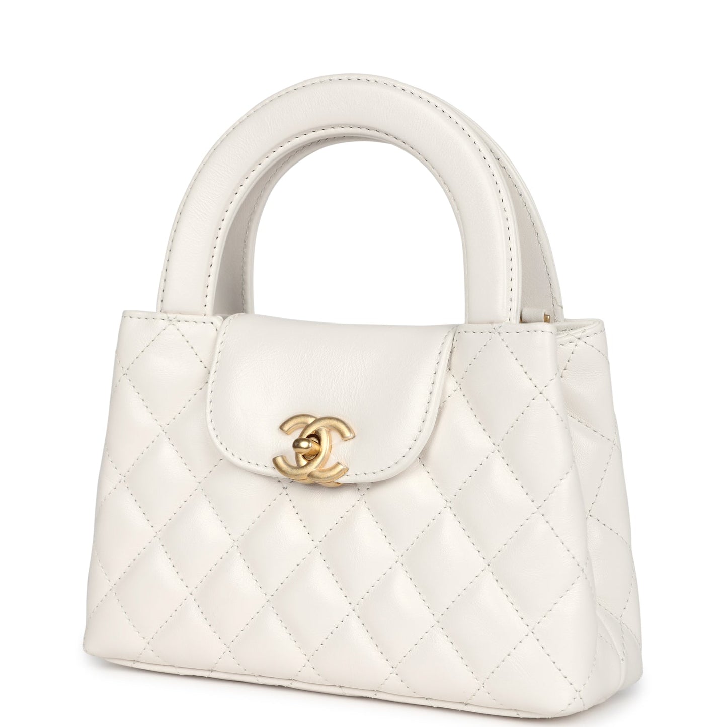 Chanel Small Kelly Shopper White Shiny Aged Calfskin Brushed Gold Hardware Women Shoes