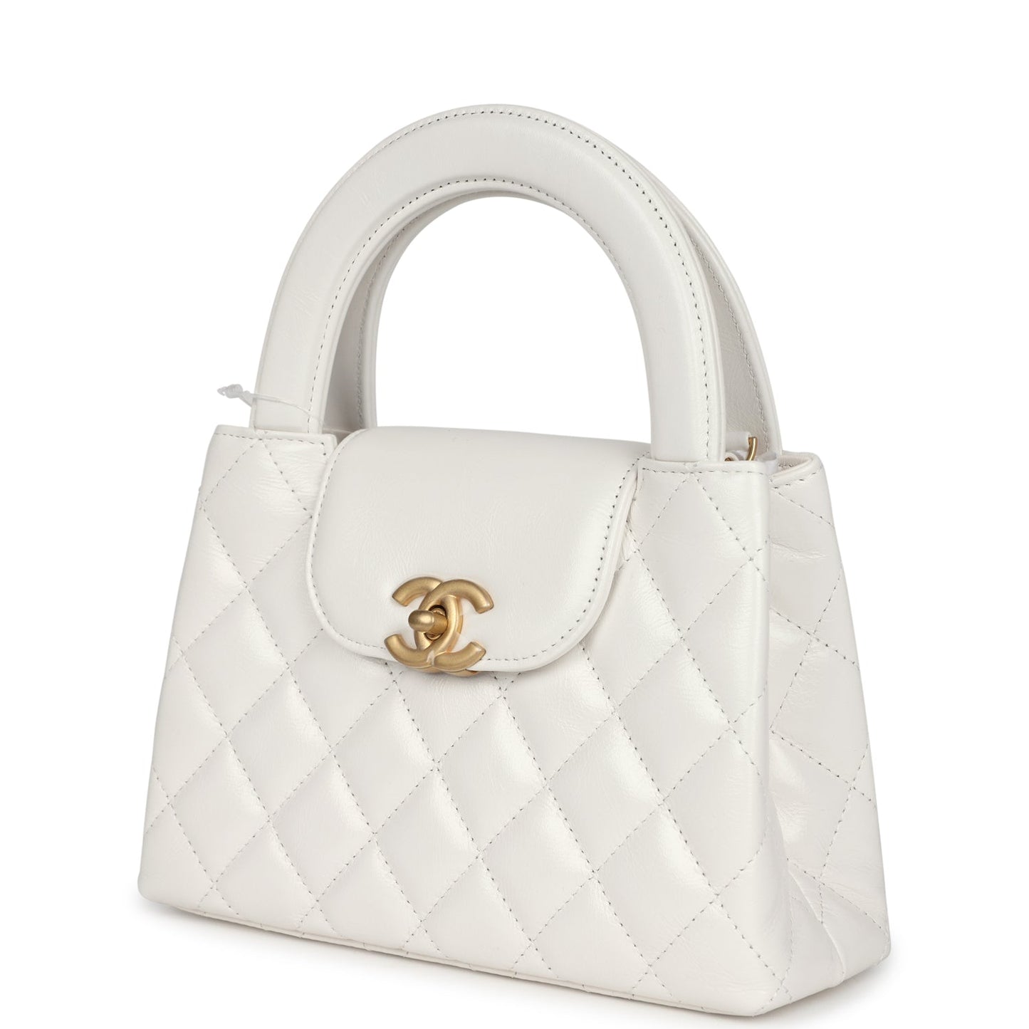 Chanel Small Kelly Shopper White Shiny Aged Calfskin Brushed Gold Hardware Women Shoes