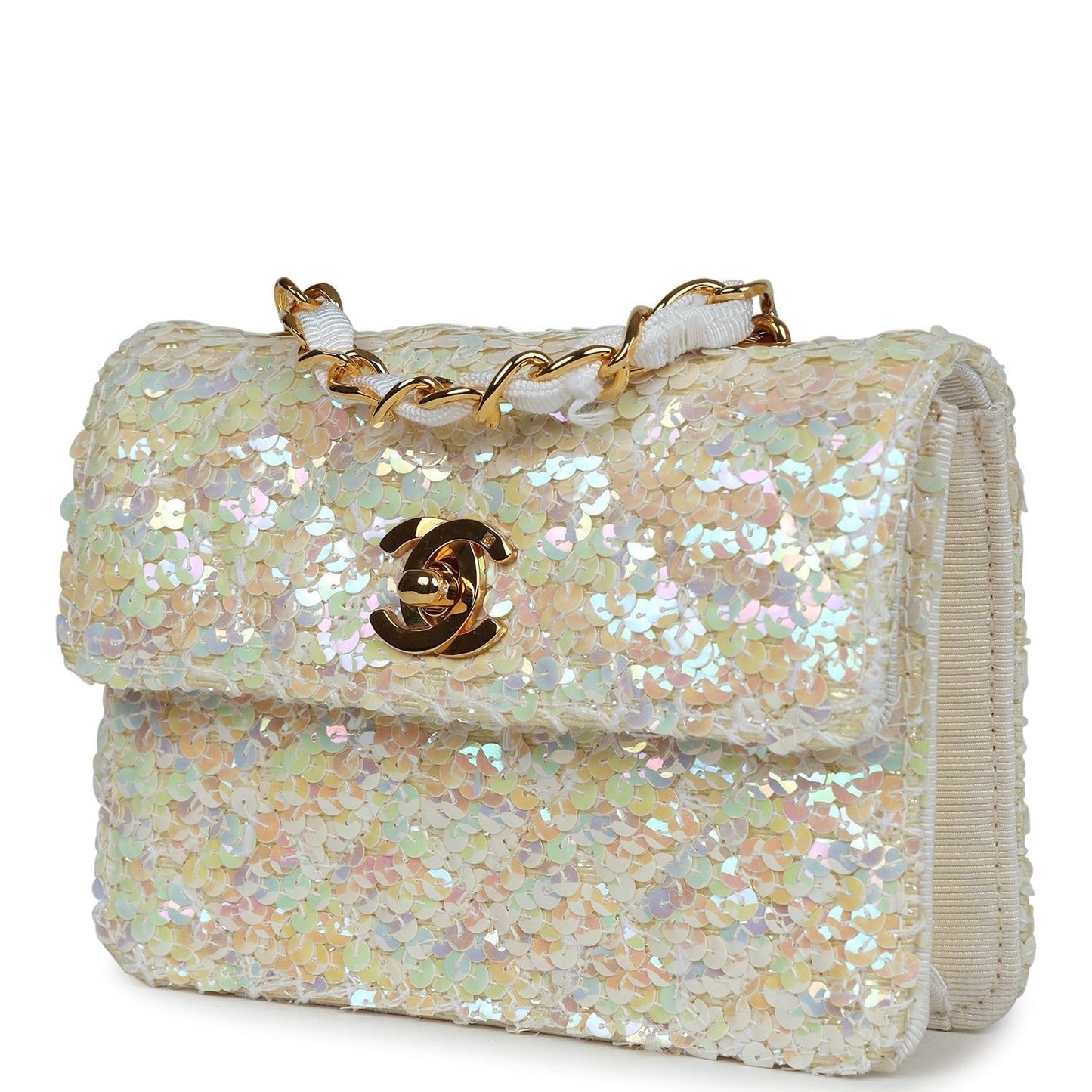 Chanel Micro Half Flap Iridescent Ivory Sequin Gold Hardware Handbag