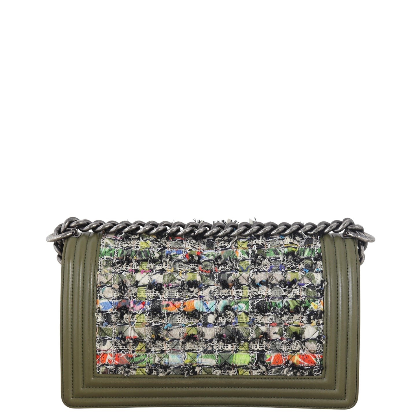 Chanel Boy Old Tweed Handbag Quilted Green Crossbody Bag
