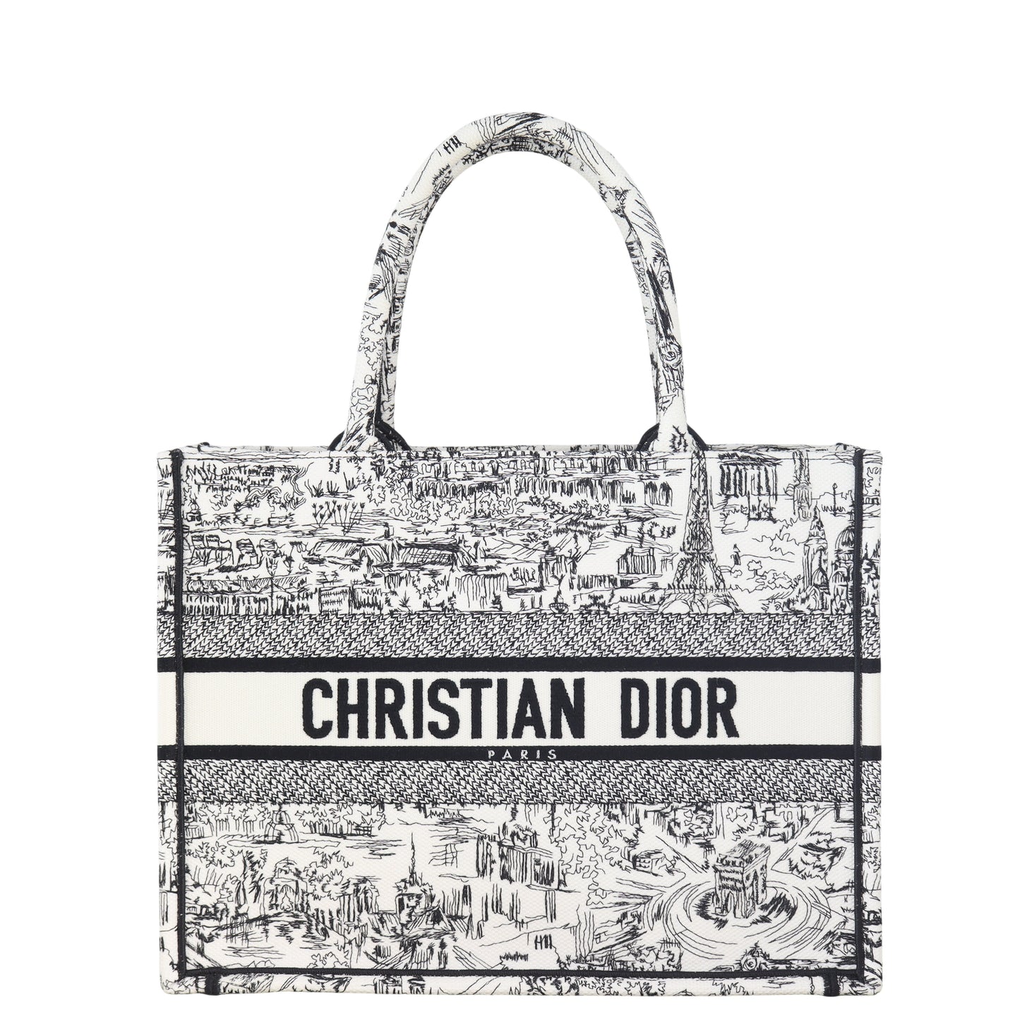 Dior Tote Bag Book Tote Paris All Over Canvas Black White