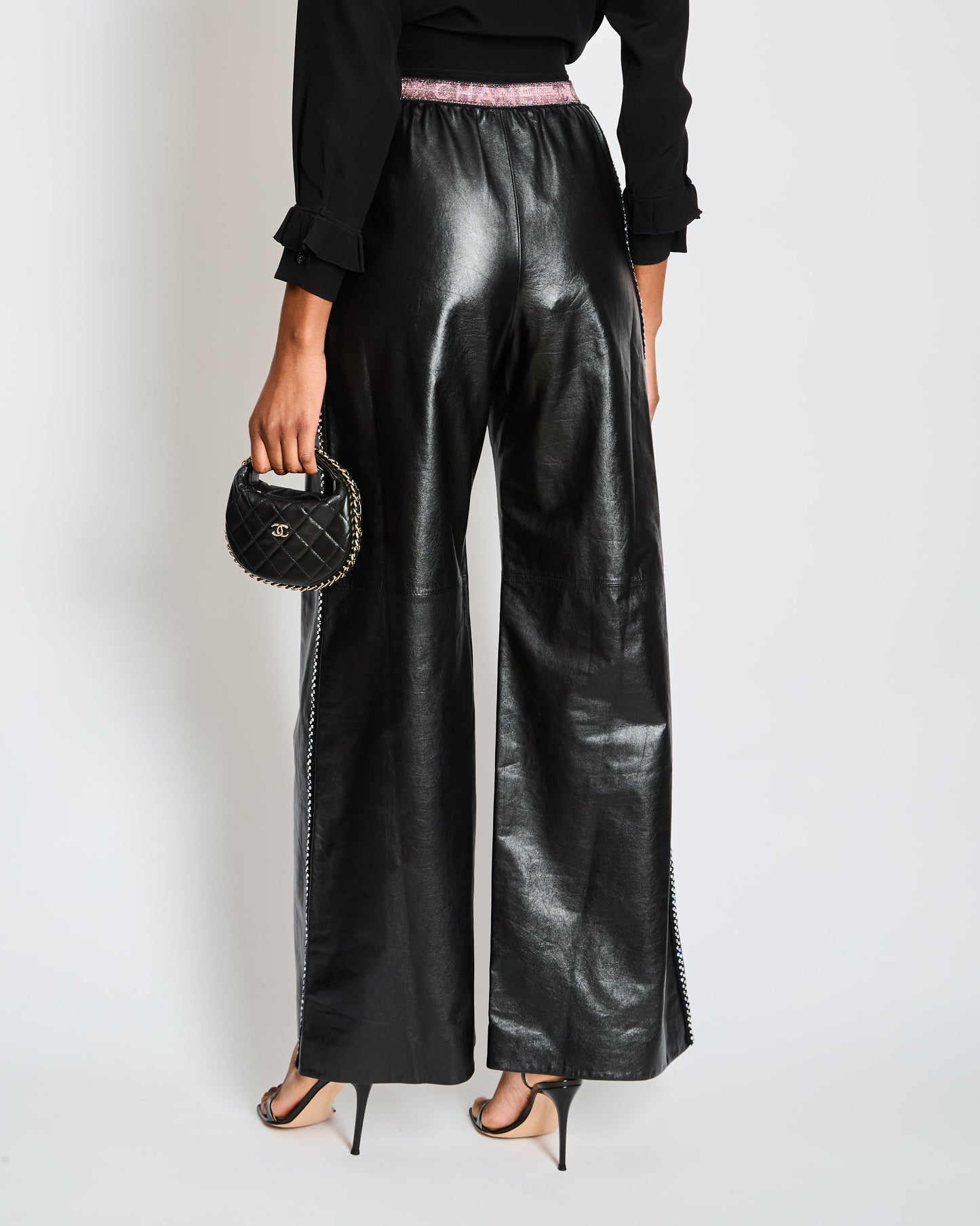 Chanel Black Leather Wide Leg Tro Rs With Embellished Tweed Trim And Pink Logo Waistband Size Fr 34 (Uk 6) Bag