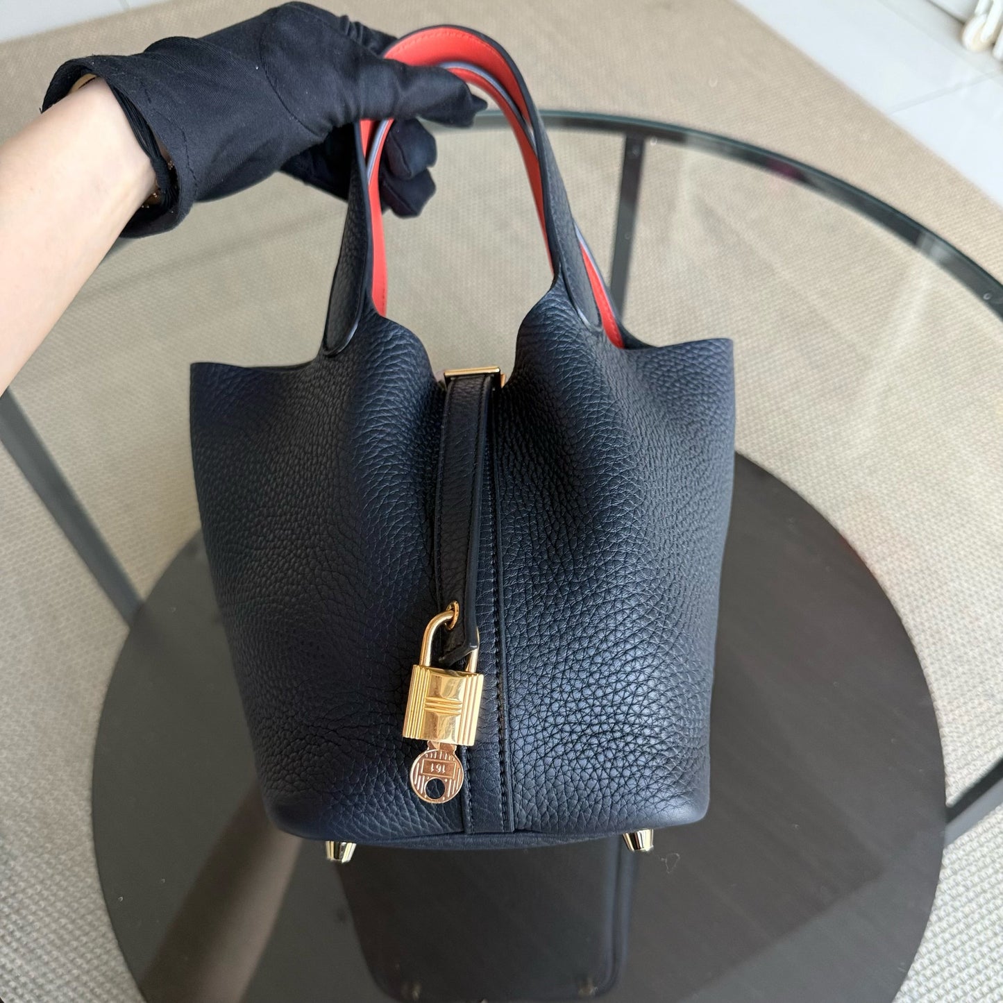 Hermes Picotin Tc Clemence Midnight Hardware Stamp Handbag Leather Blue Gold Travel Bag