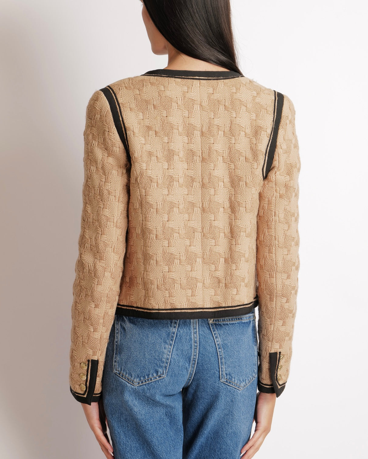 Chanel 08A Beige Wool Jacket with Black Trims and Brushed Champagne Gold CC Logo Buttons Size FR 38 (UK 10)