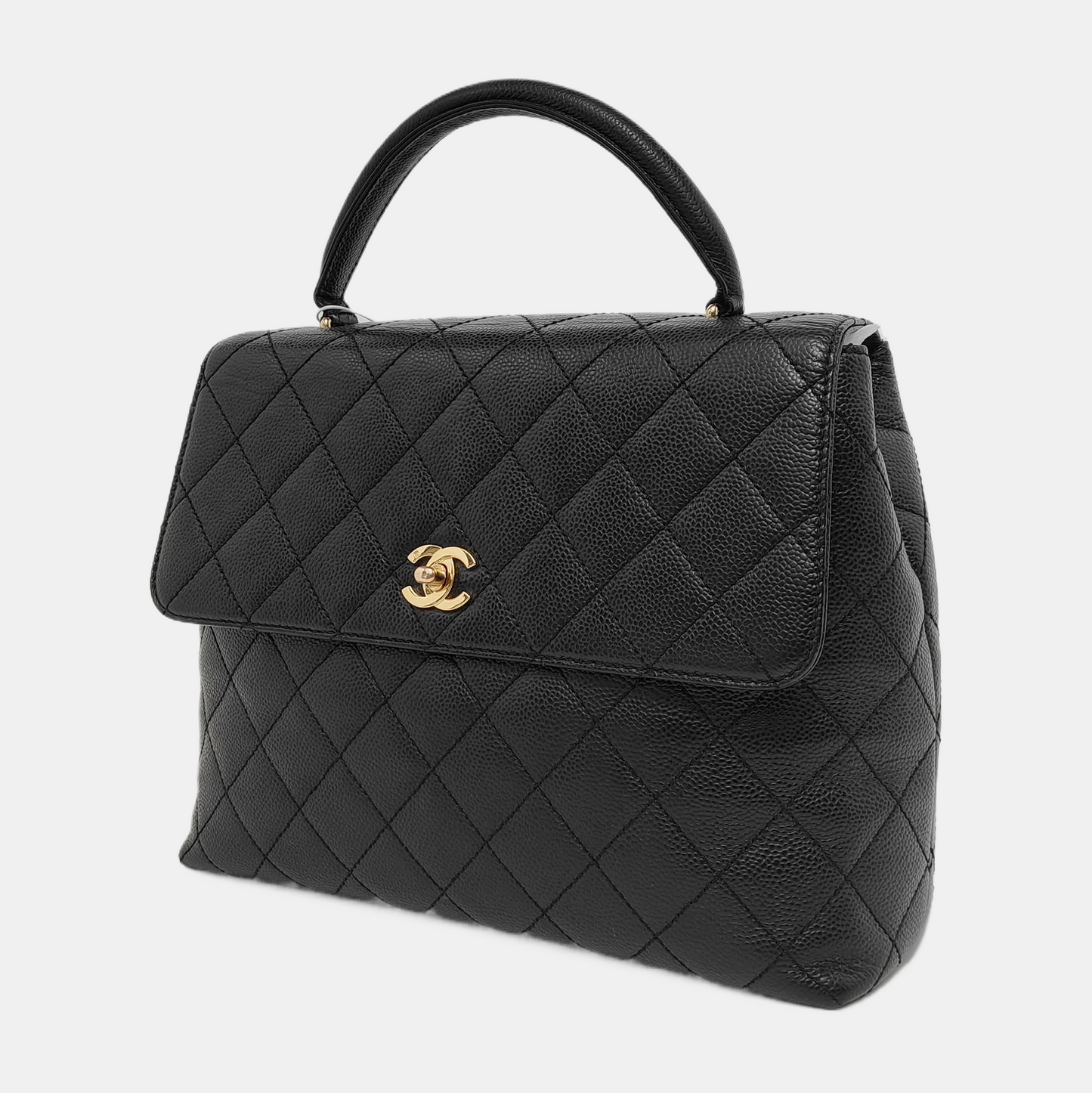 Chanel Top Handle Kelly Caviar 24k Plated Black Gold Leather Handbag