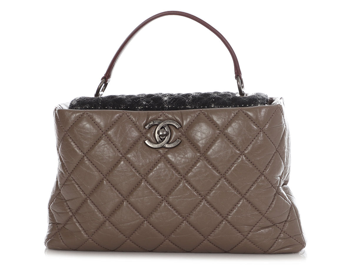 Chanel Tweed and Portobello Glazed Calfskin Top Handle Quilted Handbag