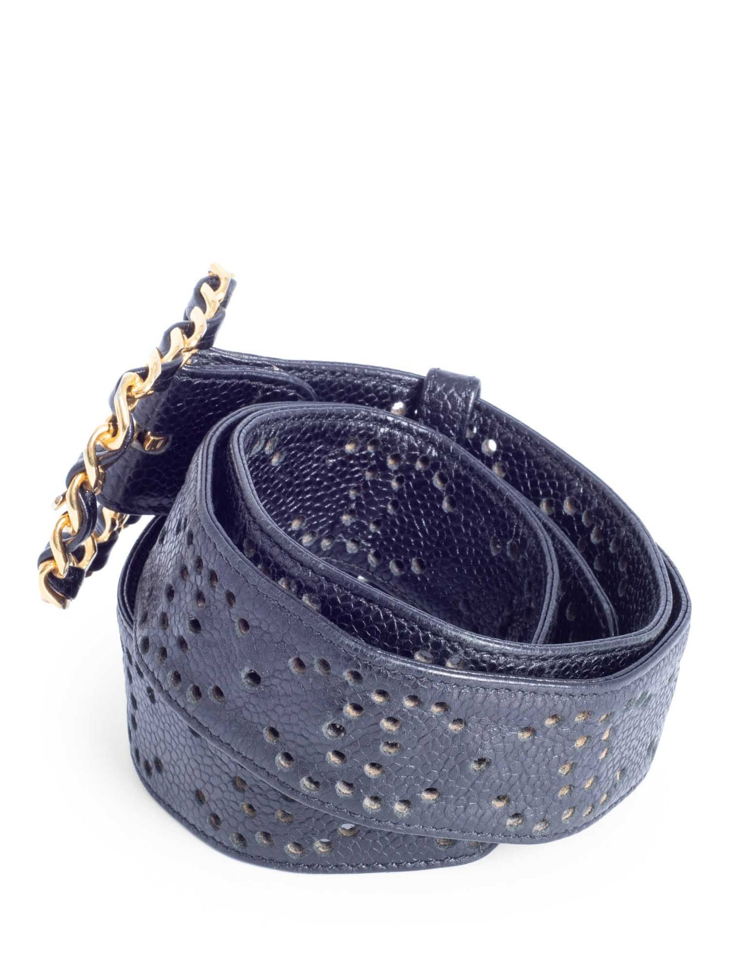 Chanel CC Logo K Gold Plated Chain Caviar Perforated Leather Belt Black