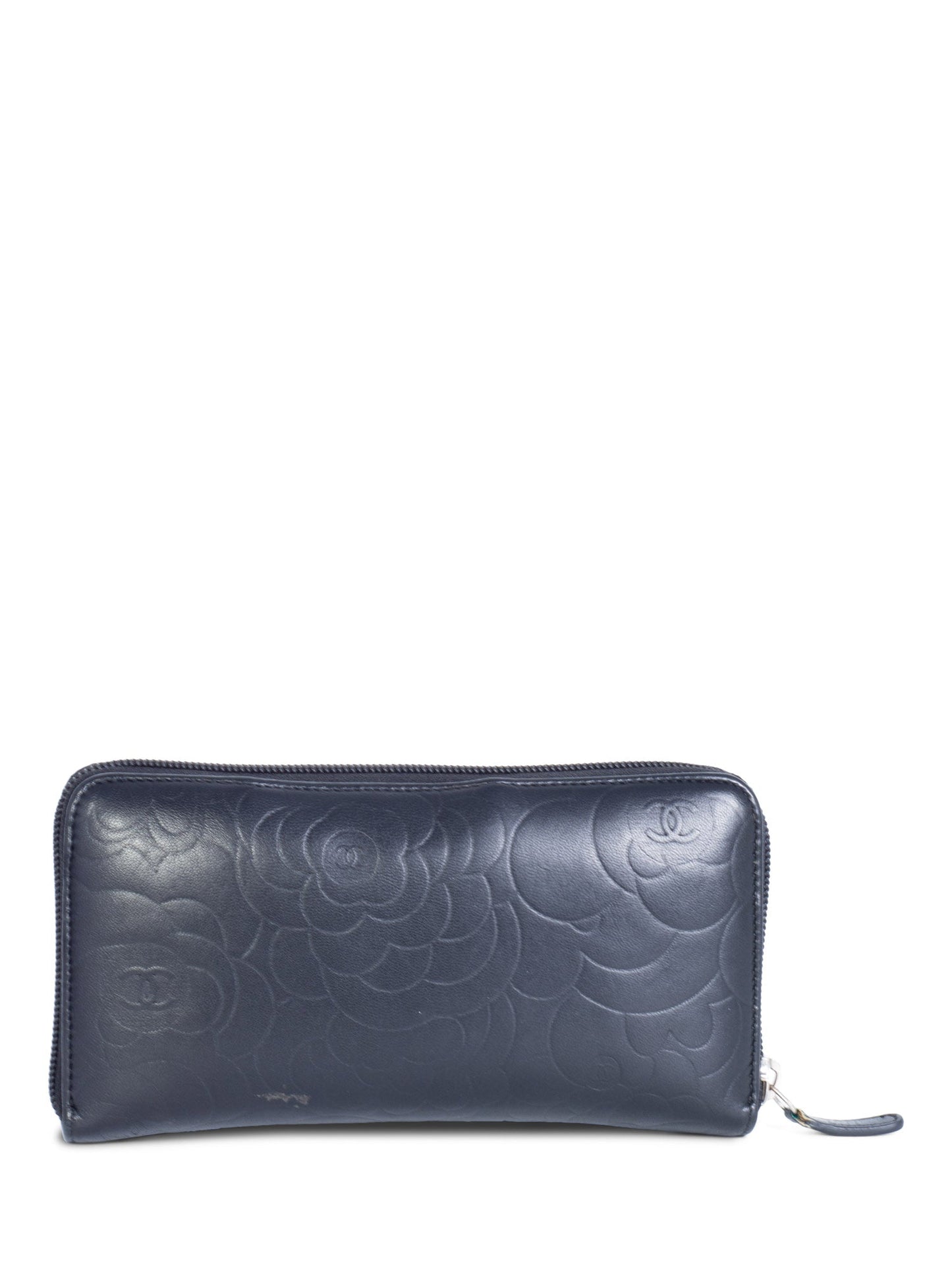 Chanel CC Logo Camelia Quilted Leather Zipper Wallet Black