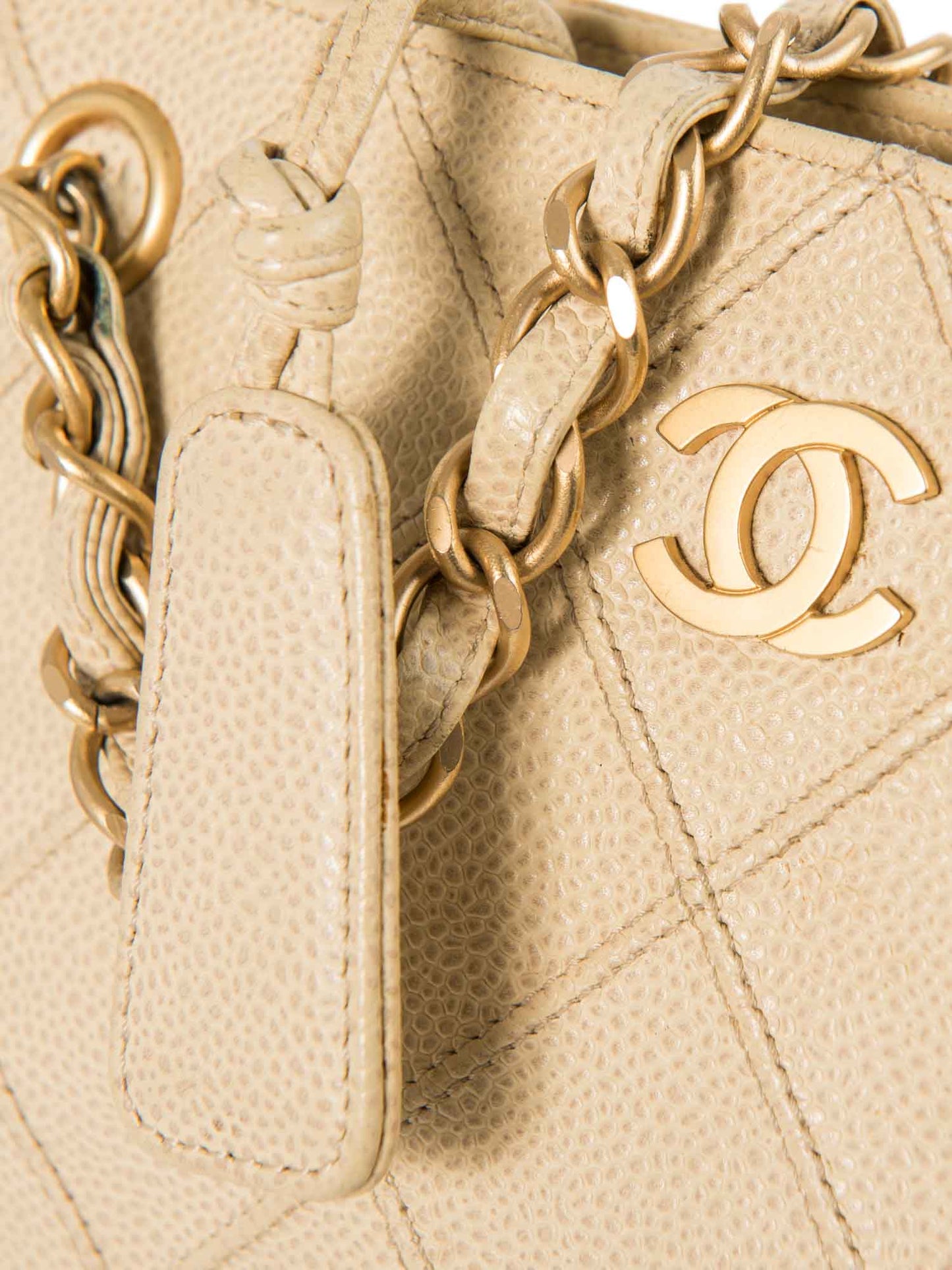 Chanel CC Logo Caviar Leather Quilted Shopper Bag Ivory Gold