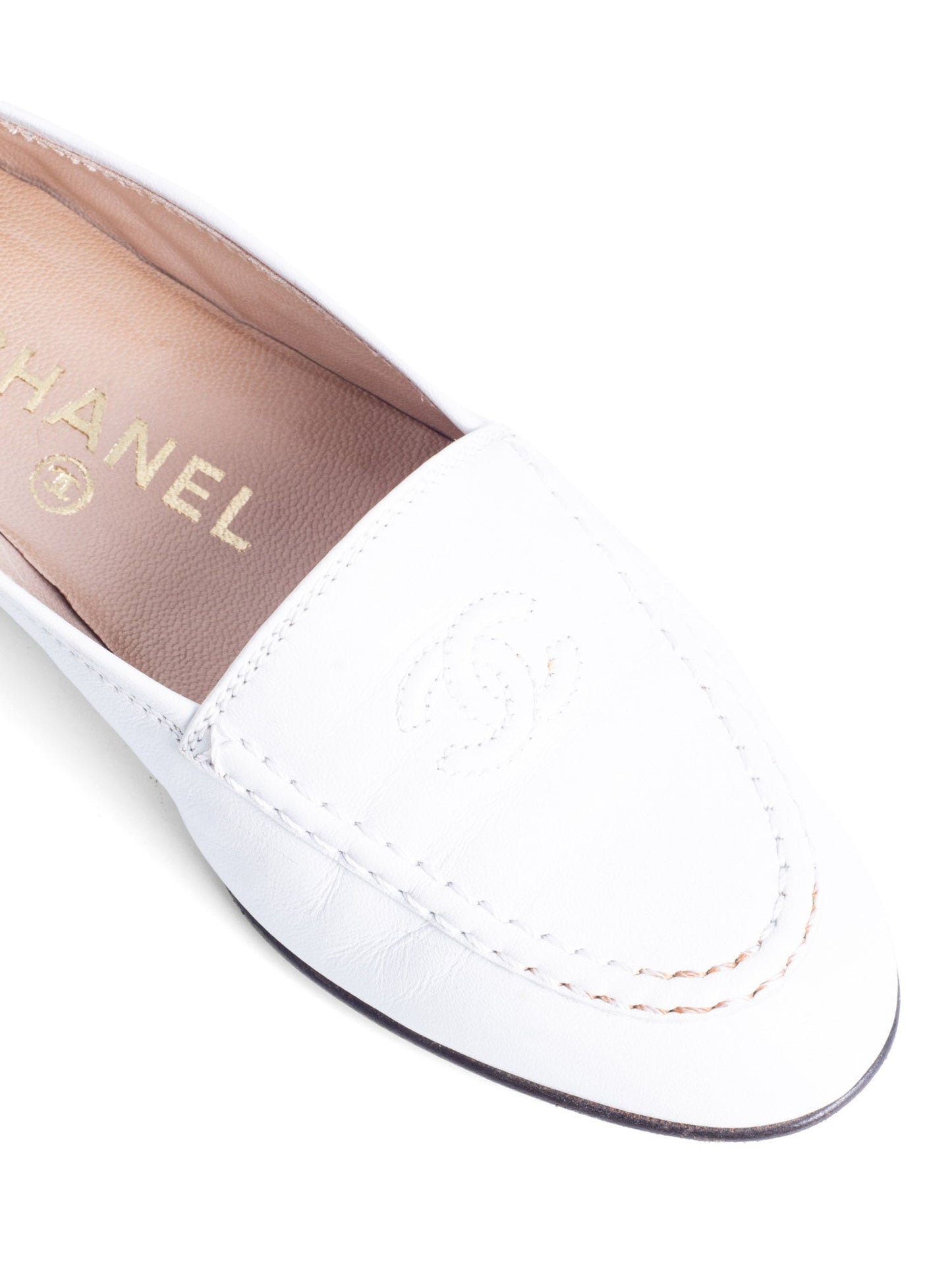 Chanel CC Logo Leather Flat Loafers White