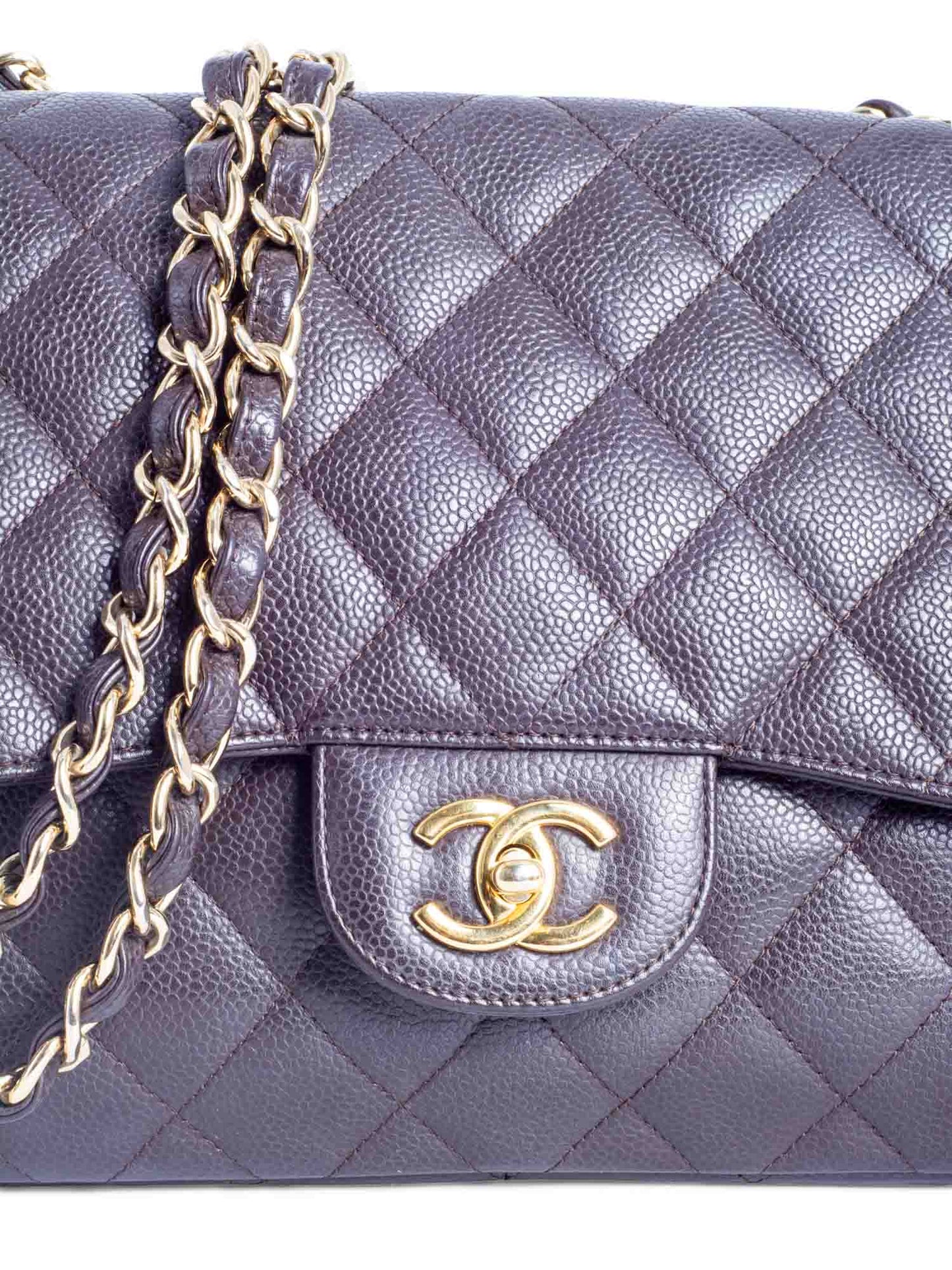 Chanel CC Logo Quilted Caviar Jumbo Double Flap Bag Brown Gold